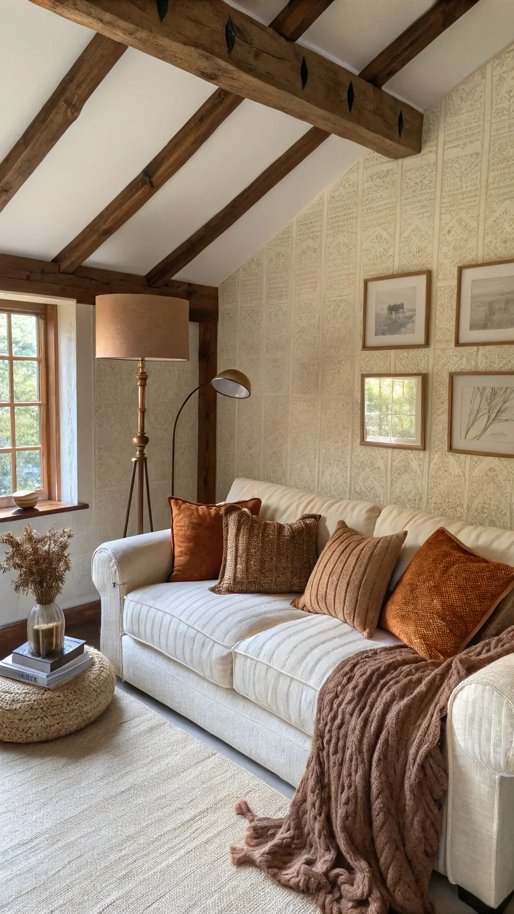 Living room with cream linen sofa, knit throws, velvet pillows, and vintage copper lamp against mocha grasscloth wallpaper and exposed wooden beams, lit by morning sun through roman shades.