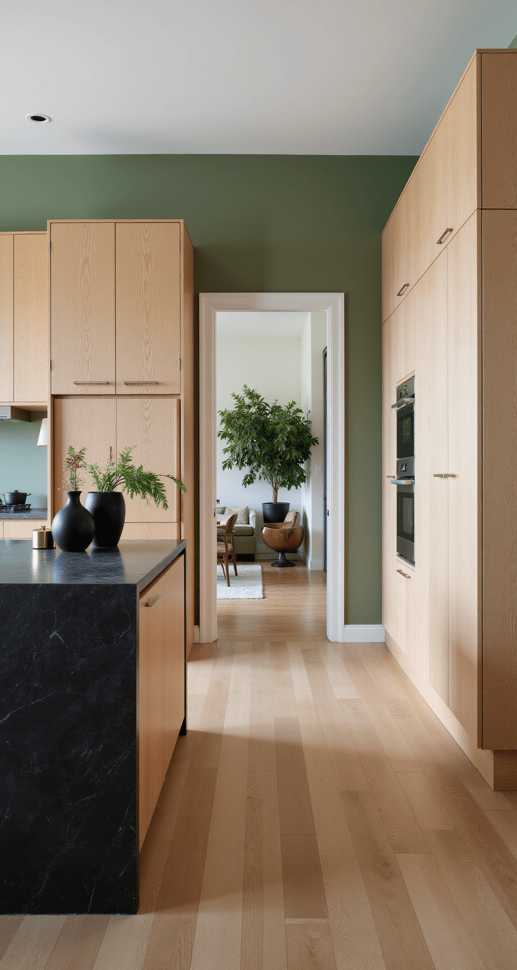 A modern galley kitchen with floor-to-ceiling oak cabinets, a sage green accent wall, and a dark soapstone waterfall island, enhanced by minimalist decor and soothing midday light.