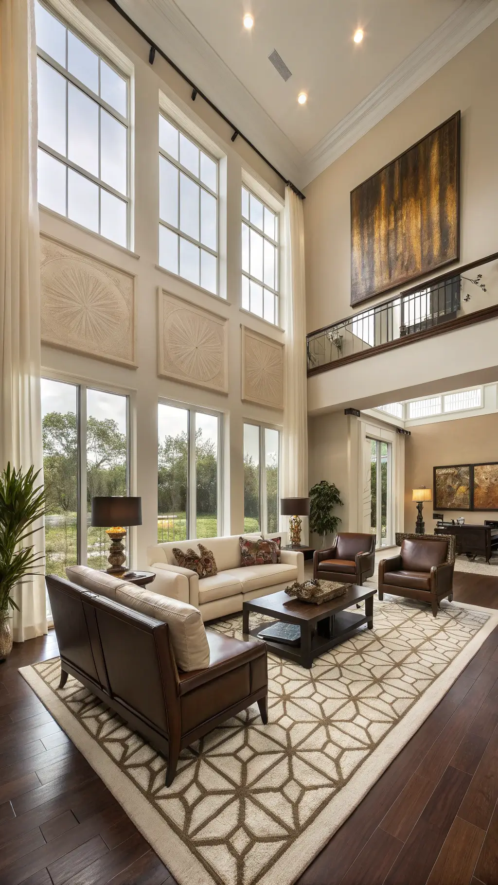 A sunlit open-concept living area features chocolate brown leather chairs and ivory benches on a geometric area rug, with large abstract earth-toned artwork and double-height windows with cream sheers.
