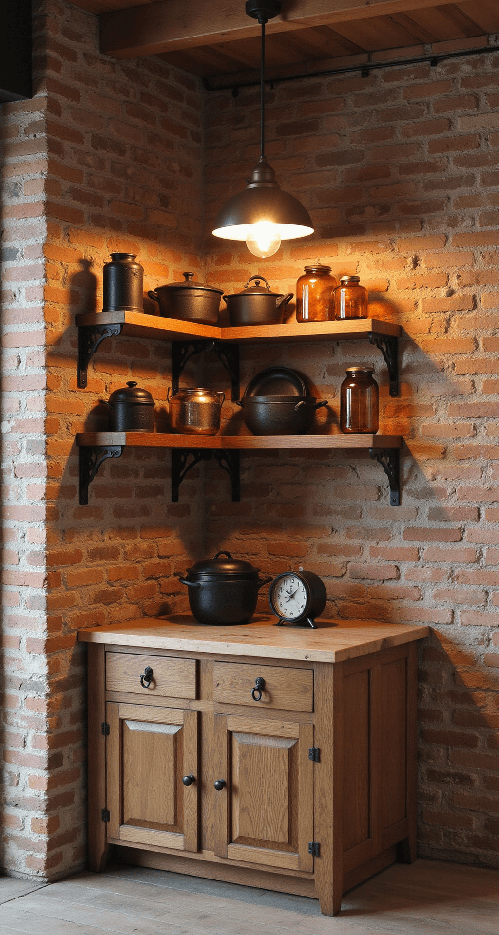 Cozy rustic industrial kitchen corner with distressed oak cabinets, exposed brick wall, vintage pendant light, open shelving showcasing cast iron cookware and copper vessels, butcher block countertop, and warm natural side lighting.
