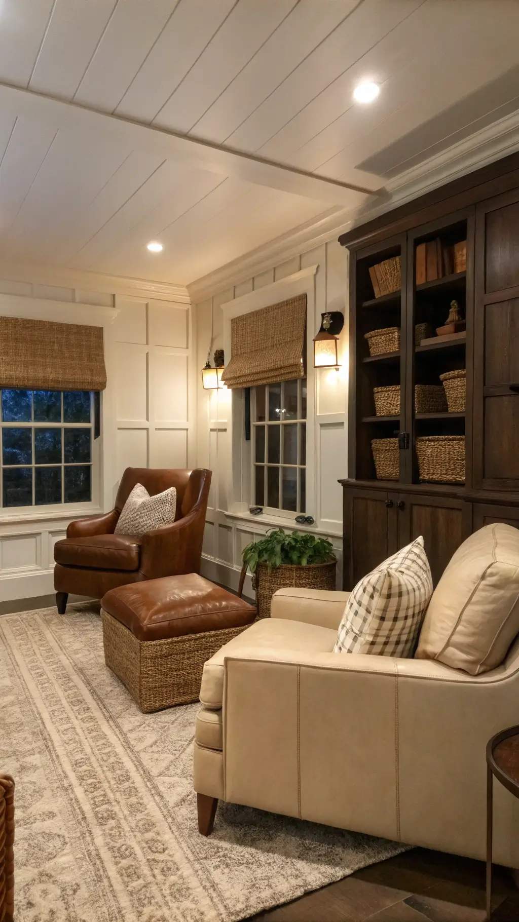A cozy sitting room with vanilla-toned paneled walls and chocolate brown built-ins, featuring camel leather accent chairs, a cream bouclé sofa, and woven textures in baskets and window treatments. Hidden LED strips provide ambient lighting.