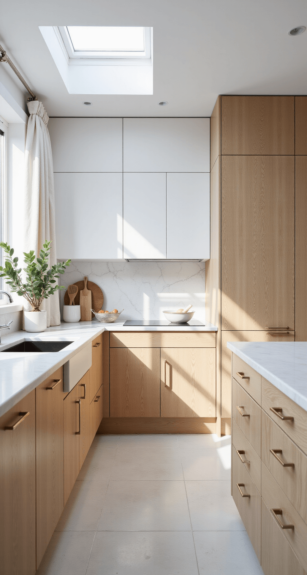 Bright Scandinavian-inspired kitchen featuring bleached oak cabinets, white marble countertops, and a full-height pantry wall, illuminated by natural light from a skylight, adorned with white ceramics and potted eucalyptus, captured with a telephoto lens for a high-key aesthetic.