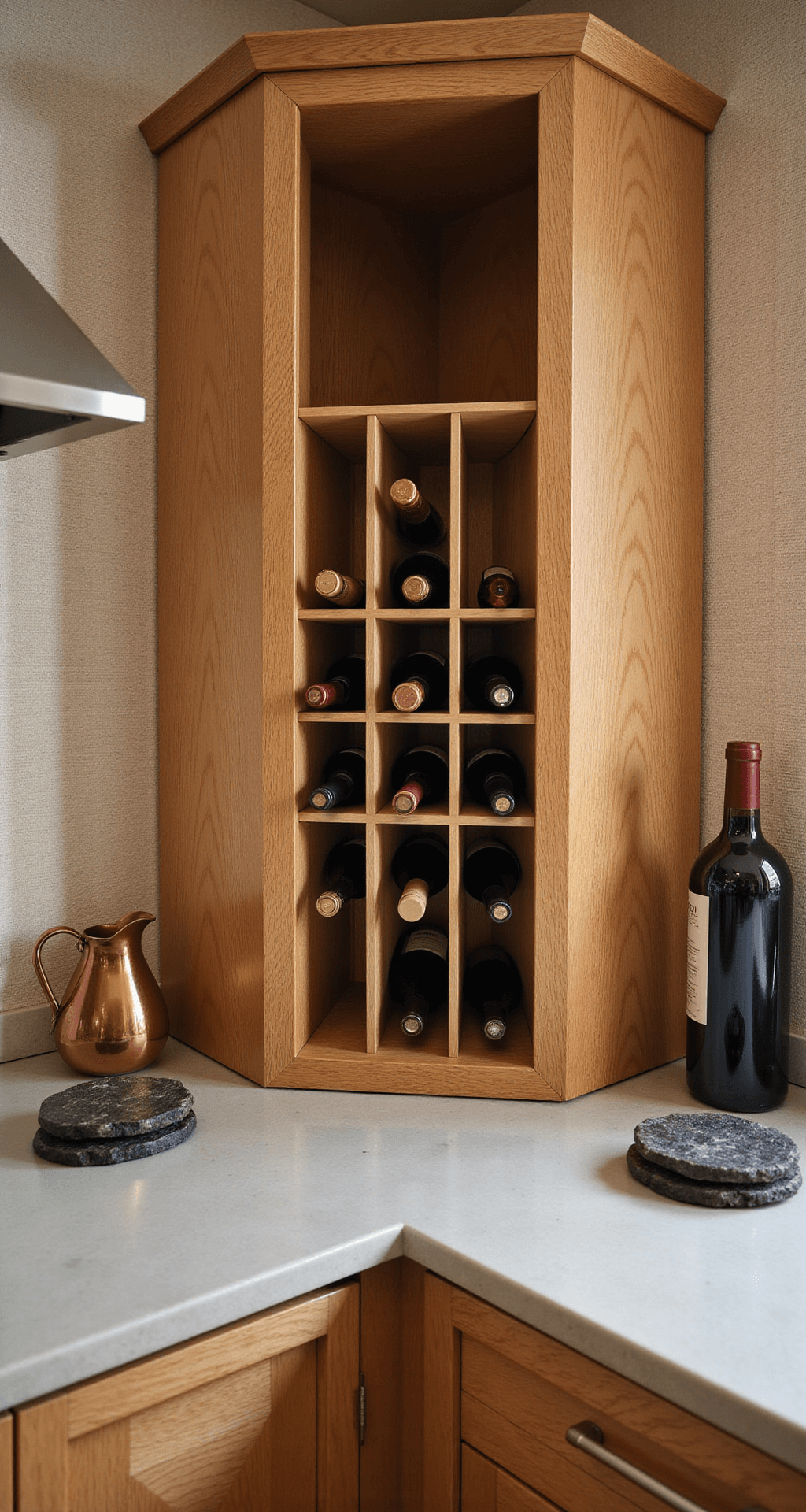 Close-up of a custom oak cabinet corner featuring integrated wine storage, styled with vintage wine bottles and copper bar tools, set against textured grasscloth wallpaper, highlighted by afternoon light to emphasize wood grain and luxury.