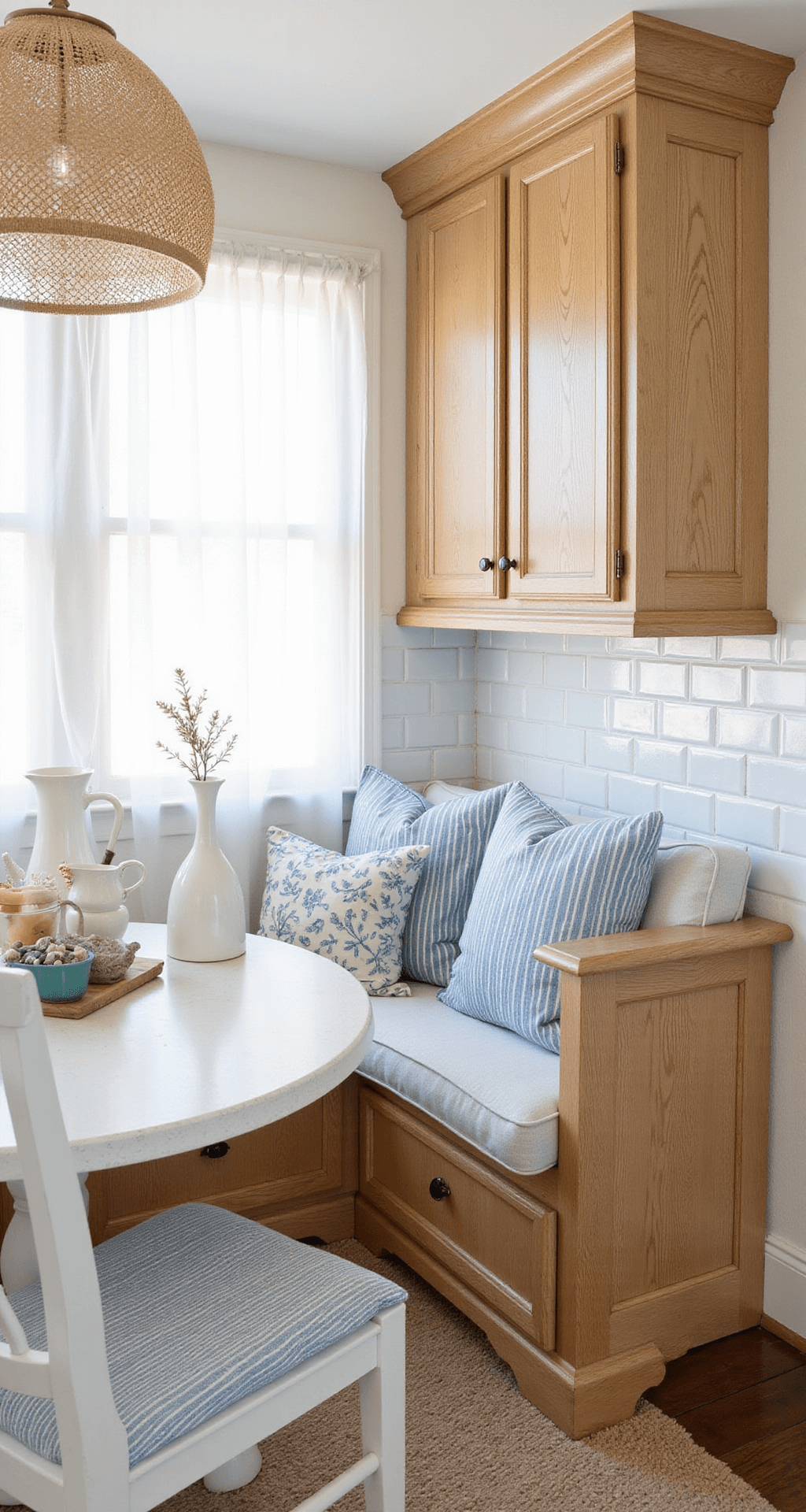 A cozy breakfast nook featuring sun-bleached oak cabinets, diffused afternoon light, and a backdrop of white subway tiles with pale blue accents. The space is styled with blue-and-white striped textiles, sea glass, and white ceramic pitchers, illuminated by a woven pendant light, creating soft shadows.