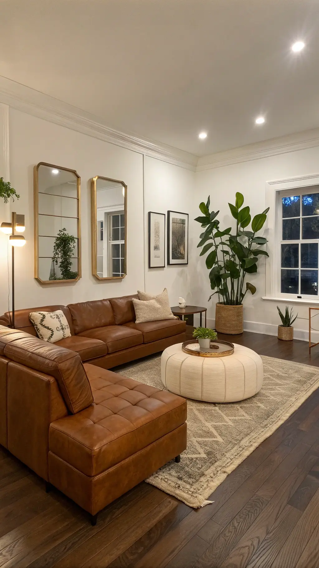 Minimalist living space with cream walls and brown oak flooring, featuring modular brown leather seating, a cream boucle ottoman, brass-framed mirrors, and potted fiddle leaf figs, captured during blue hour.
