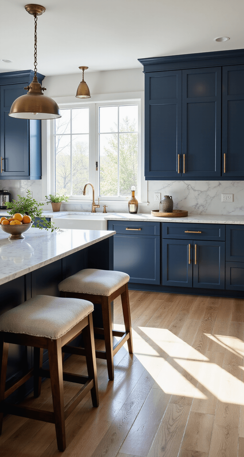 A spacious 12x15ft kitchen featuring navy blue Shaker-style cabinets, Carrara marble countertops, and a large island with waterfall edges, all illuminated by late morning sunlight streaming through large windows. The scene includes vintage-inspired pendant lights, linen-upholstered barstools, artisanal ceramic vessels, a bowl of fresh citrus, and trailing ivy plants, showcasing a color palette of deep navy, warm brass, crisp whites, and subtle gray veining.