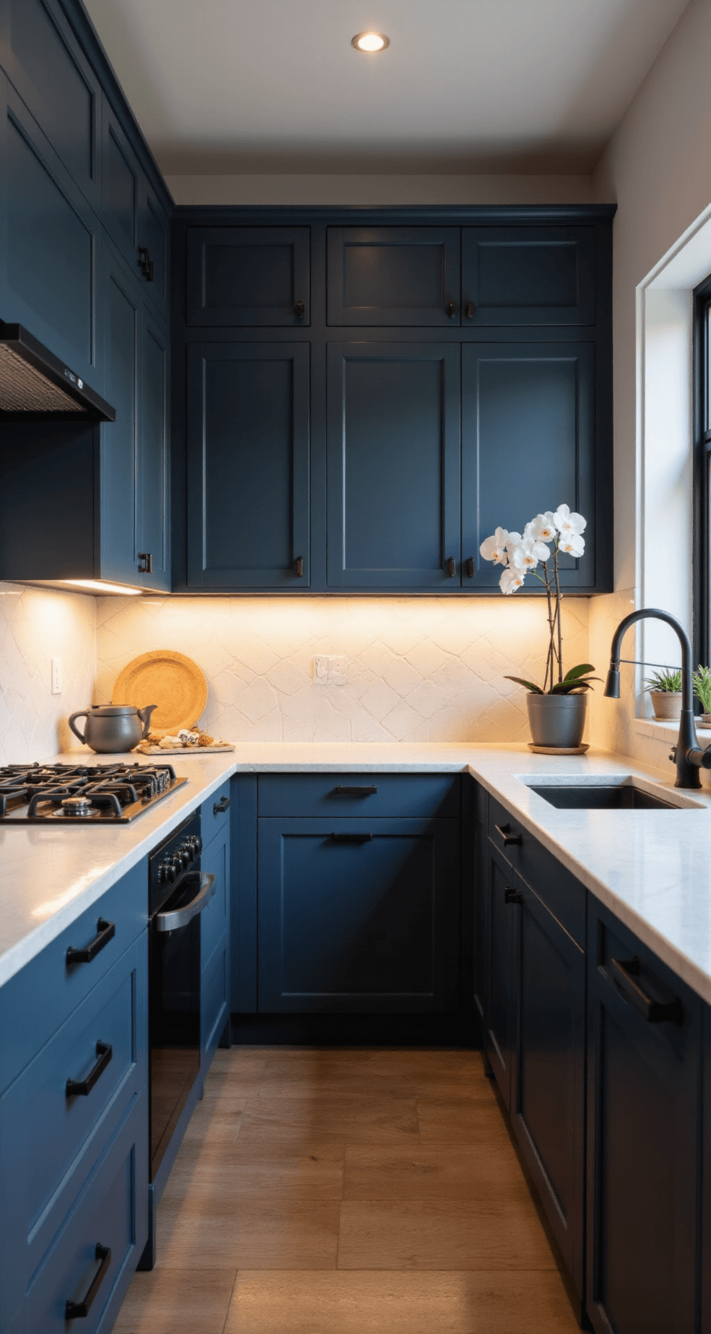 A cozy galley kitchen with modern navy cabinets, geometric white tile backsplash, and warm golden hour lighting, featuring sleek black appliances, minimalist ceramics, and an orchid plant.