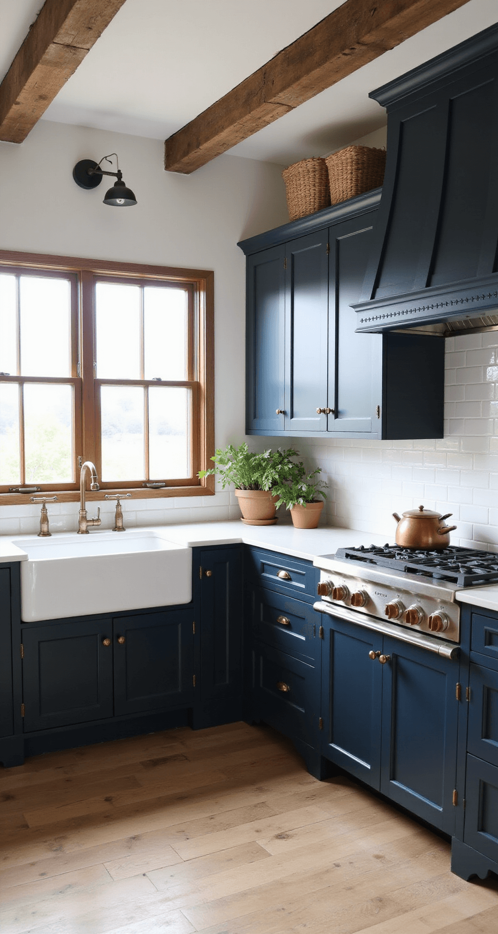 A farmhouse-inspired kitchen featuring navy blue cabinets, a classic farmhouse sink, white oak flooring, and a ceiling-high subway tile backsplash, accented by rustic beams and a custom range hood, illuminated by natural light and vintage sconces, adorned with copper cookware and fresh herbs.