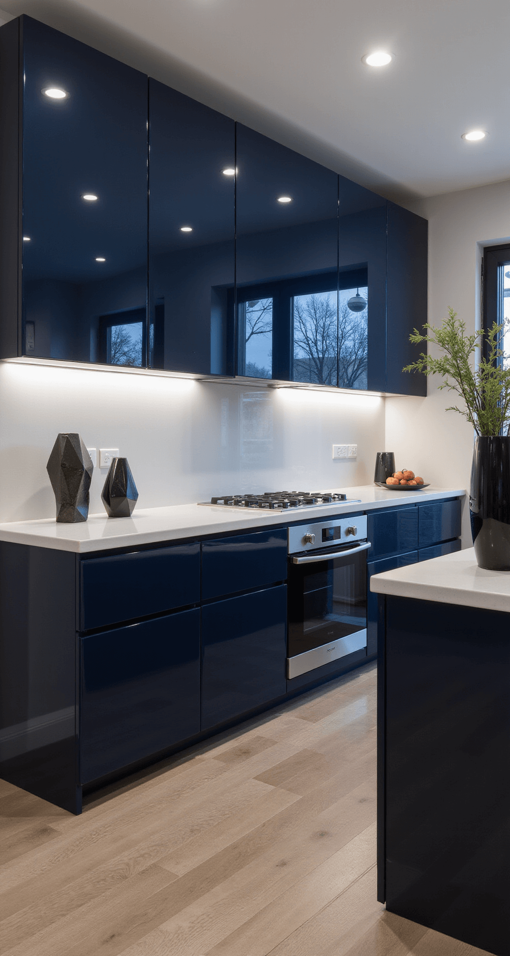 A contemporary kitchen featuring high-gloss navy cabinets, stark white quartz countertops, and a mirrored glass backsplash, captured at dusk with dramatic under-cabinet lighting, stainless steel appliances, and minimalistic decor.