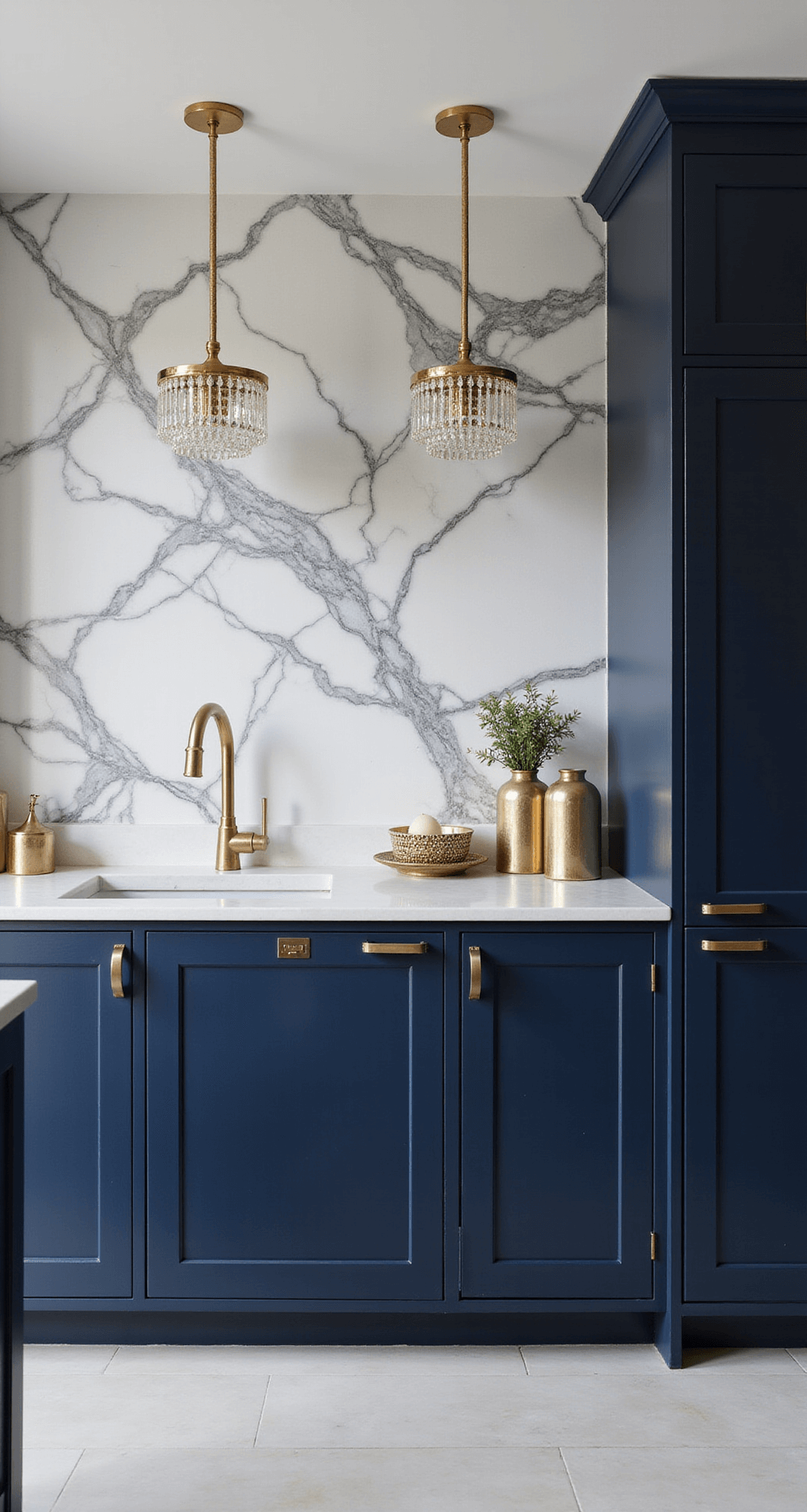 Art deco-inspired kitchen featuring navy blue cabinets with stepped details and gold hardware, a dramatic veined marble backsplash, crystal pendant lights, and brass-trimmed glassware, all bathed in morning light for an elegant and glamorous atmosphere.
