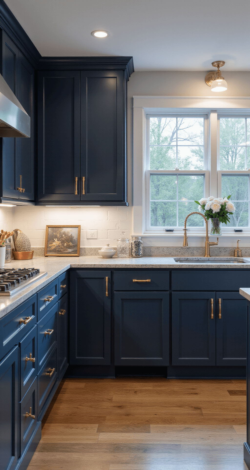 A transitional kitchen with navy cabinets and mixed metal hardware, gray quartzite countertops, and layered lighting, styled with chinoiserie decor, fresh flowers, and metallic accents, captured at twilight from a 45-degree angle.