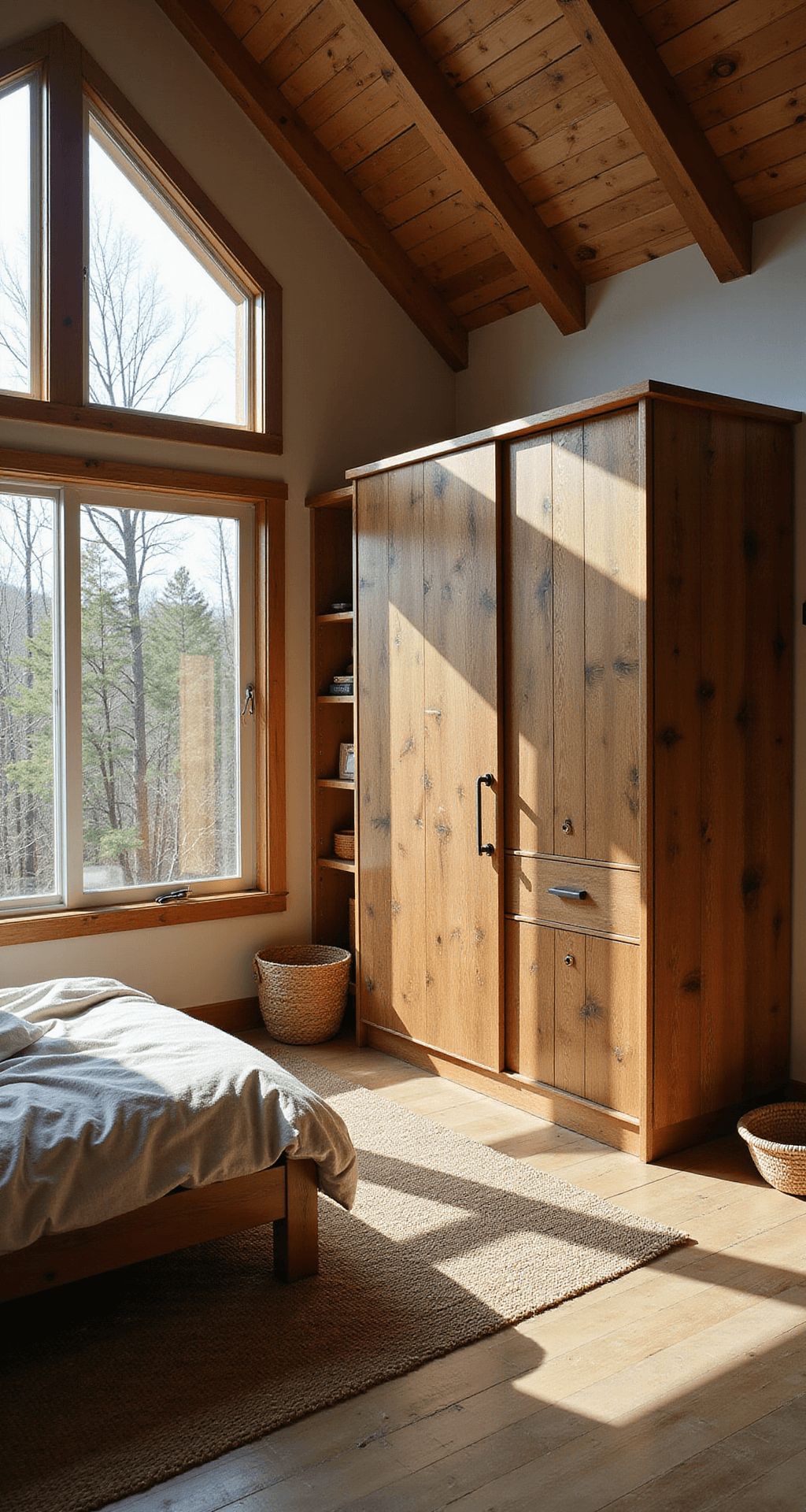 Cozy cabin living area with sunlight through picture windows, featuring a Murphy bed disguised as wood paneling, home office nook, plush sectional with leather accents, jute rugs, baskets, and exposed beams in warm whites, oak, and forest green.