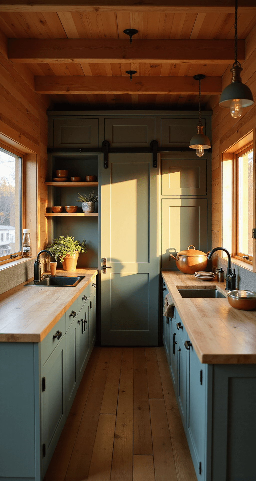 A cozy galley-style cabin kitchen with sage green cabinets, handcrafted wooden countertops, and a folding breakfast bar. The golden hour light creates long shadows, highlighting reclaimed barn wood and soapstone materials. A sliding barn door conceals a pantry, while open shelves display earthenware pottery. The space is styled with terracotta pots of fresh herbs and vintage copper cookware. Brushed brass fixtures complete the warm, inviting atmosphere.