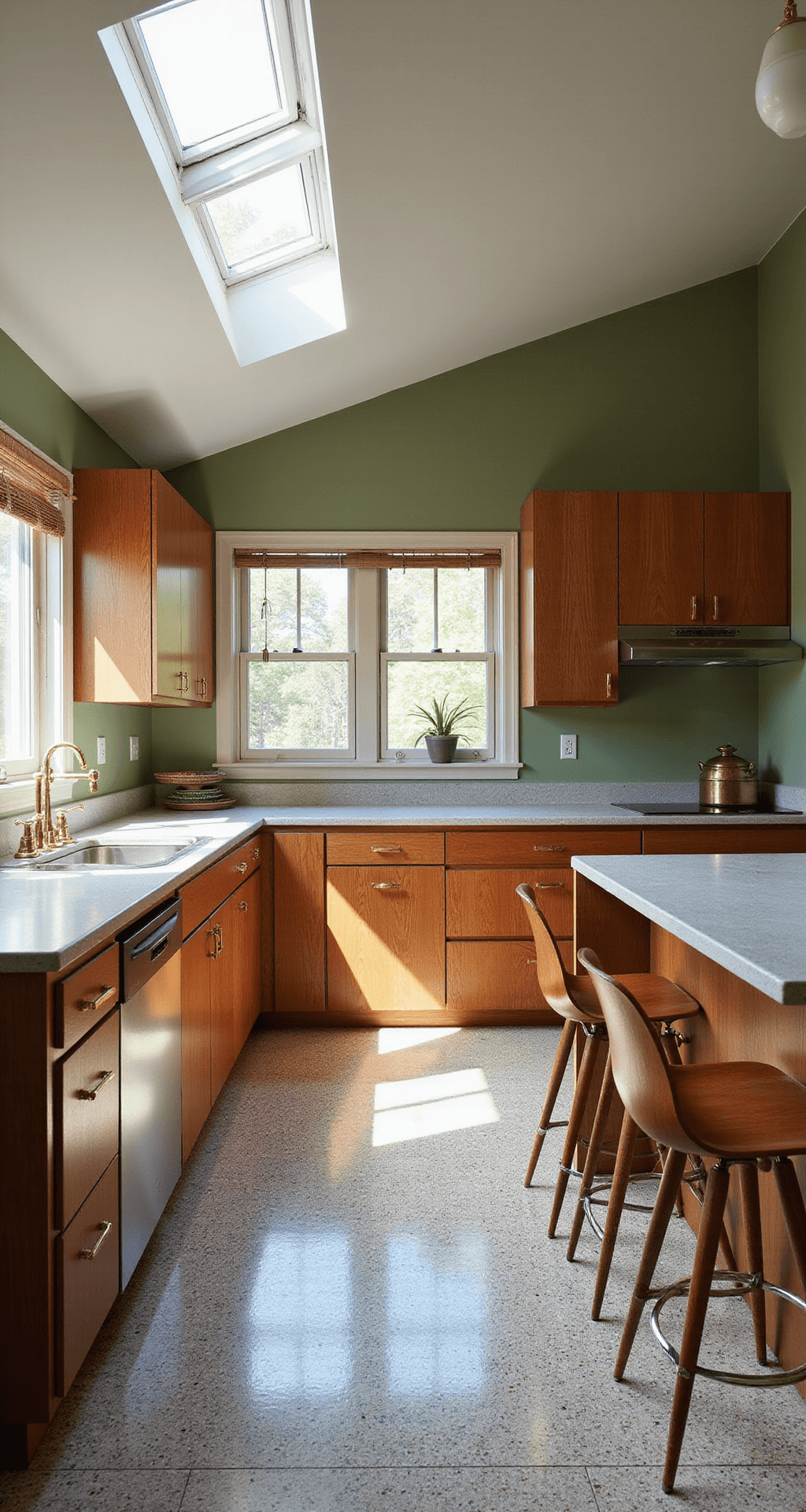 An L-shaped mid-century walnut kitchen featuring 10ft ceilings, clerestory windows, and terrazzo flooring, illuminated by morning light. The flat-panel walnut cabinets with brass pulls contrast with a sage green accent wall. Eames-style barstools line a concrete breakfast bar, decorated with vintage brass candlesticks, handwoven textiles, and a pottery collection. The image is captured from an elevated position near the dining area, showcasing atmospheric depth.