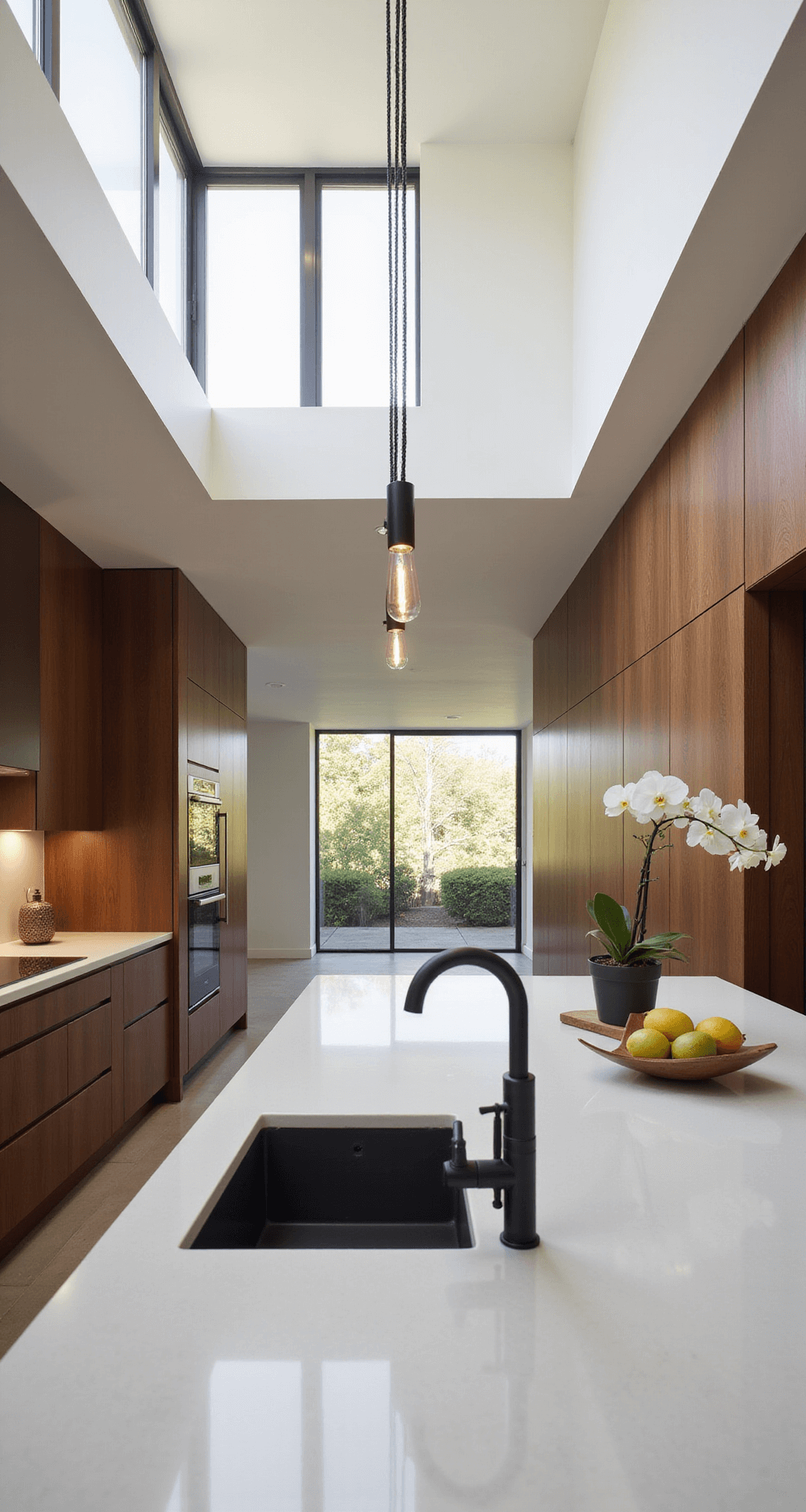 A minimalist open-concept kitchen featuring floor-to-ceiling walnut cabinetry, a large white Corian island, and modern matte black fixtures, bathed in diffused afternoon light with an orchid plant and geometric fruit bowl as simple décor.