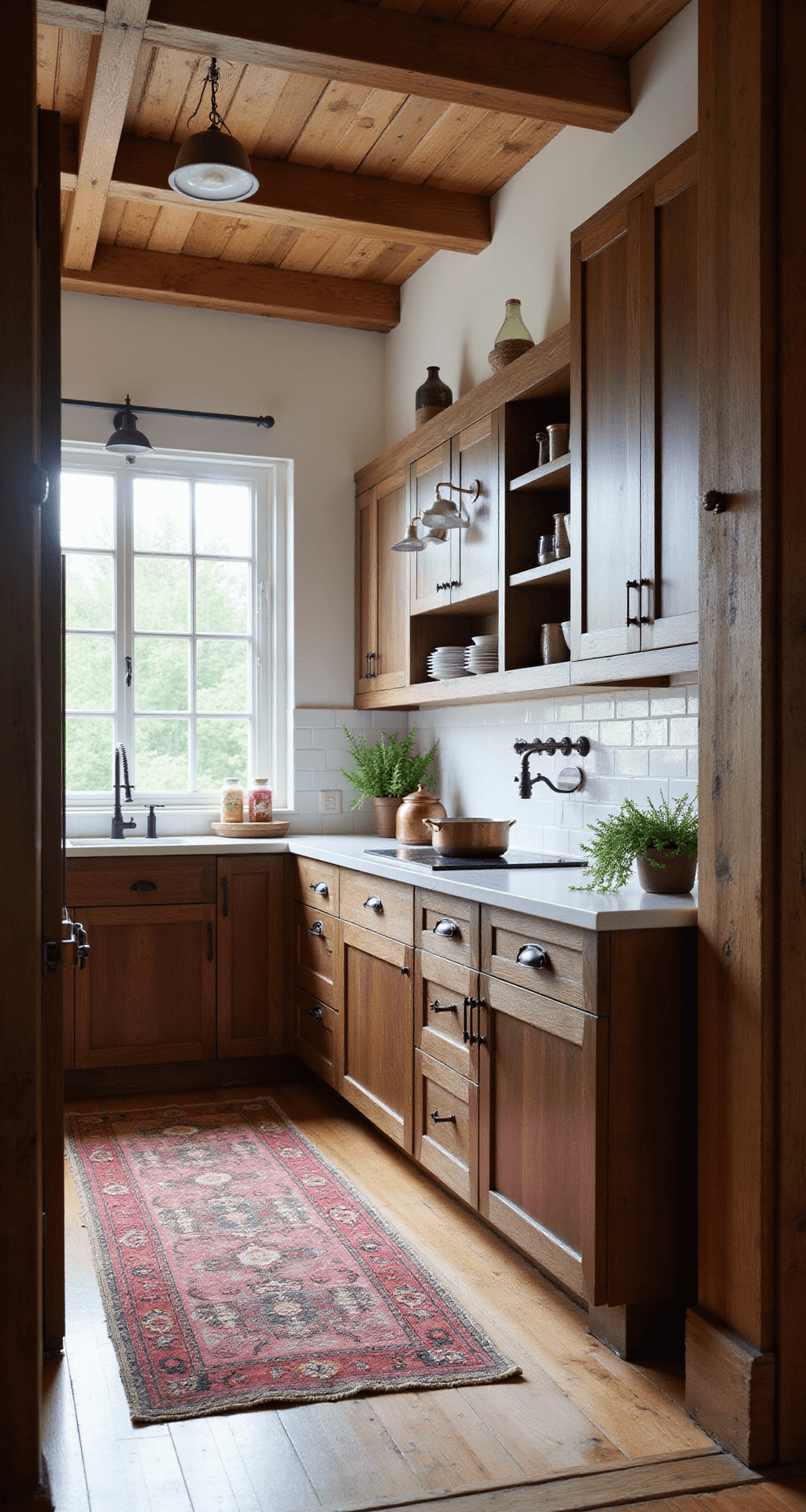 A rustic modern farmhouse kitchen featuring exposed wooden beams, walnut shaker cabinets with antique bronze pulls, soapstone countertops, and a white subway tile backsplash, bathed in natural light from divided light windows, with a vintage runner on wide-plank oak floors and styled with copper pots and fresh herbs, captured from a 45-degree angle.