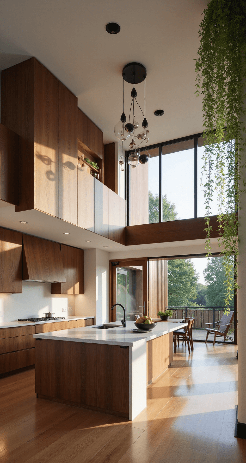 A contemporary chef's kitchen featuring flat-panel walnut cabinets, a waterfall quartz island with an embedded cooktop, and a glass pendant light cluster, shot from a mezzanine level in late afternoon light creating dramatic shadows.