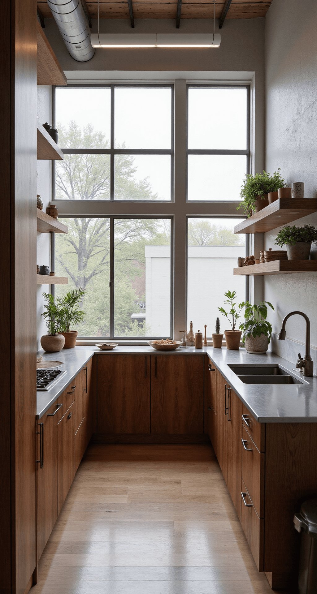 A compact kitchen featuring floor-to-ceiling walnut cabinets and stainless steel counters, illuminated by soft morning light through frosted glass industrial windows, with minimalist cookware and potted herbs artfully arranged.