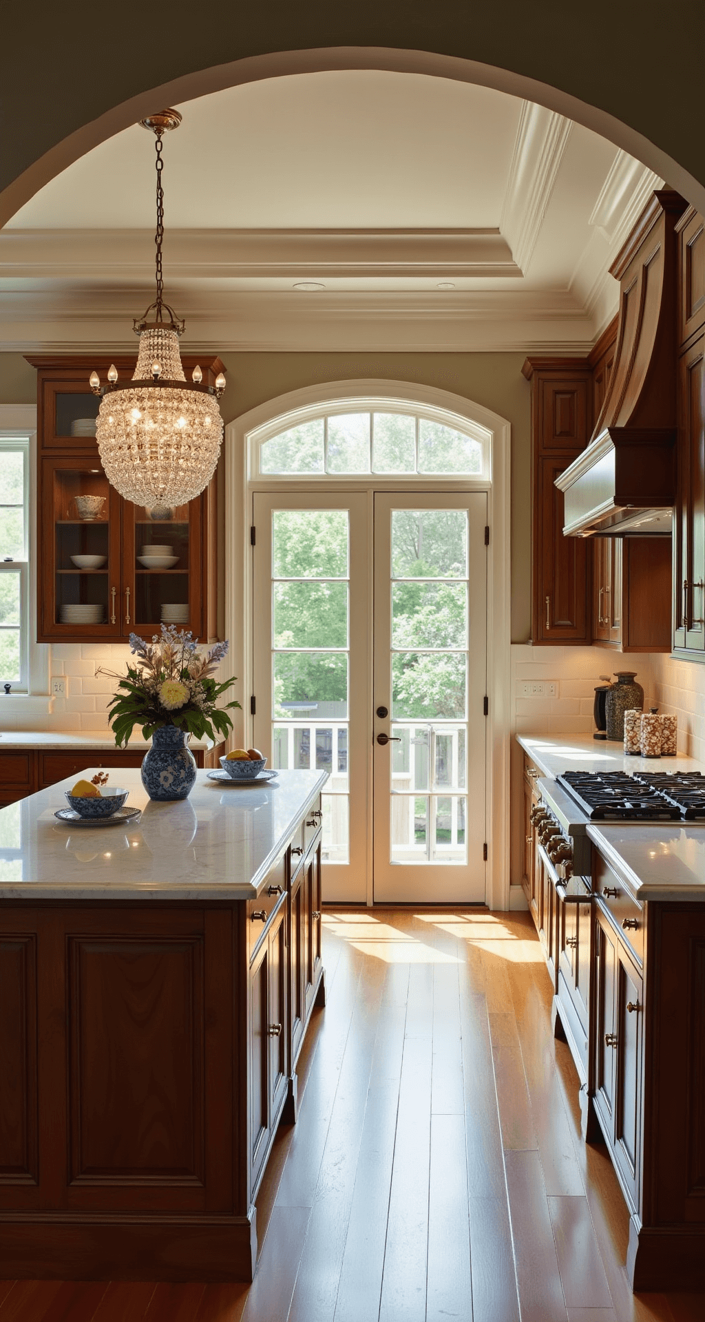 A beautifully designed transitional kitchen featuring walnut cabinets with glass uppers, marble countertops, and a crystal chandelier over a marble-topped island, bathed in golden hour light streaming through French doors. Decorated with blue-and-white chinoiserie, fresh flowers, and vintage silverware, the scene is viewed through an arched doorway with a warm, romantic ambiance.