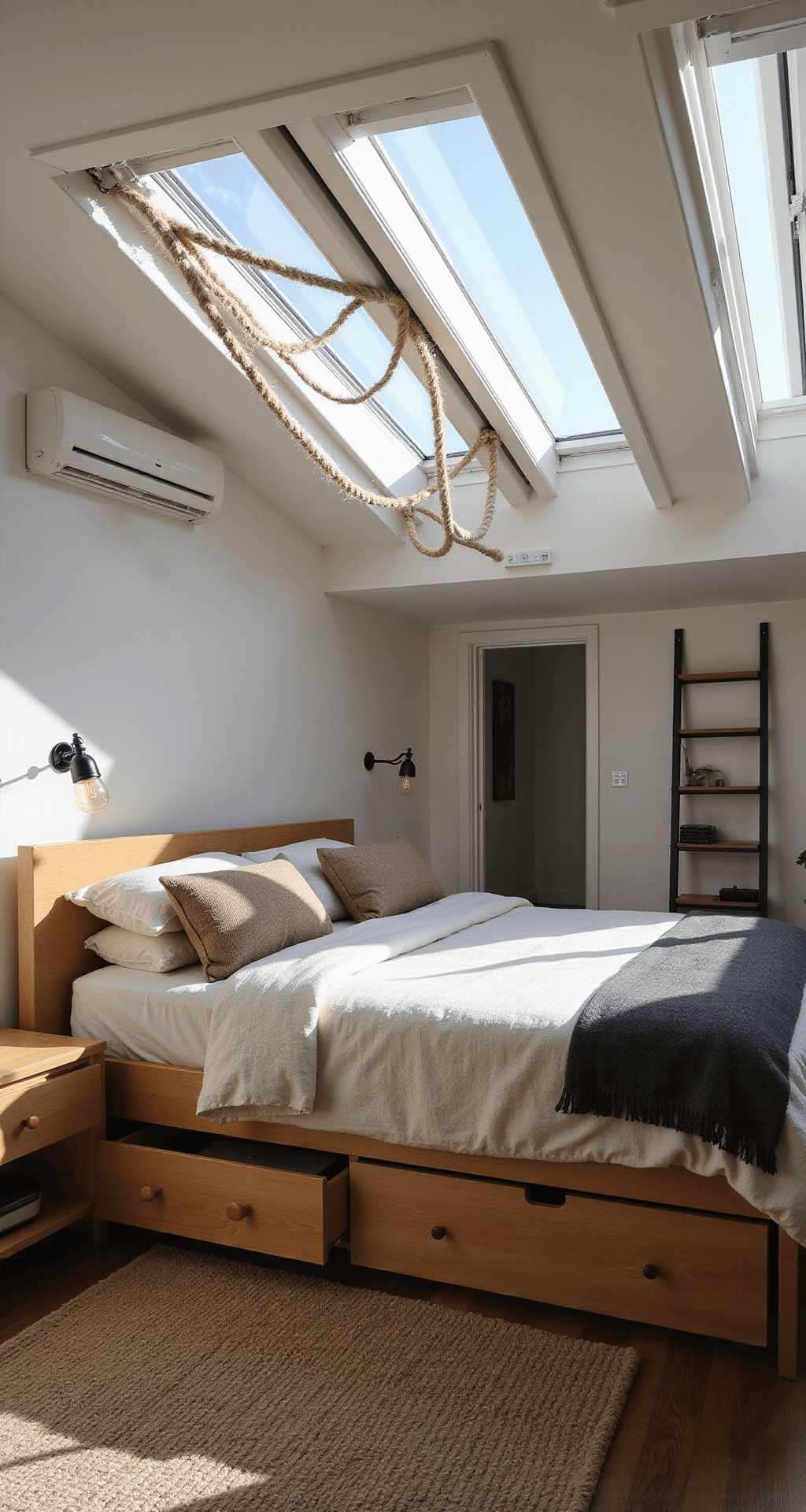 Wide-angle view of an elevated loft bedroom featuring a custom platform bed with storage, bathed in afternoon light from skylights. Decor includes undyed linen and wool bedding in neutral tones, industrial hemp rope railing, wall-mounted exposed bulb sconces, and floating nightstands. A ladder-style bookshelf divides and organizes the space.