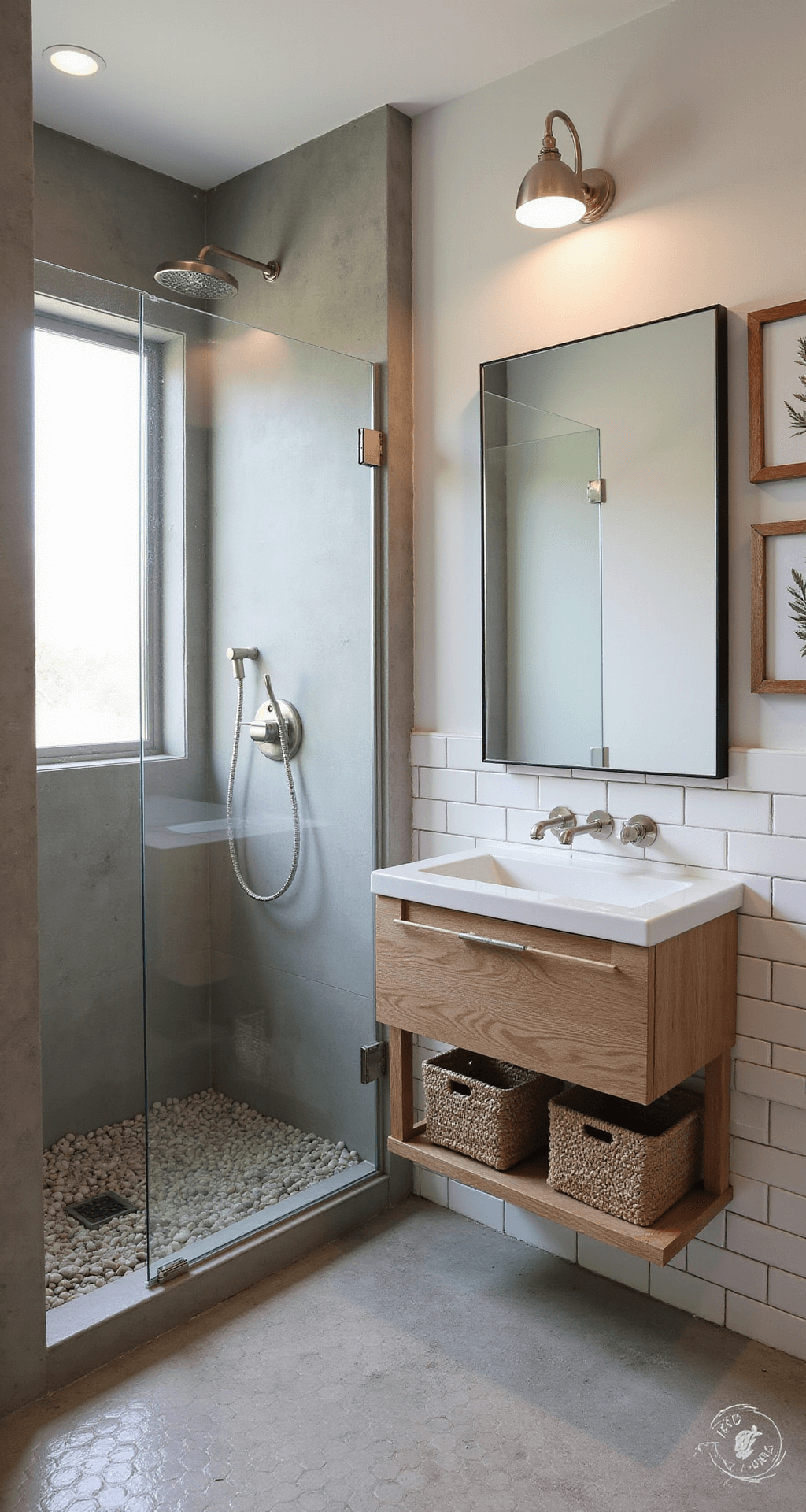 Compact bathroom showcasing a walk-in shower with pebble flooring, alongside a wall-mounted teak vanity above hexagonal tiles, with diffused light from a frosted window highlighting concrete and brushed nickel elements, complemented by woven baskets and copper-framed botanical prints.