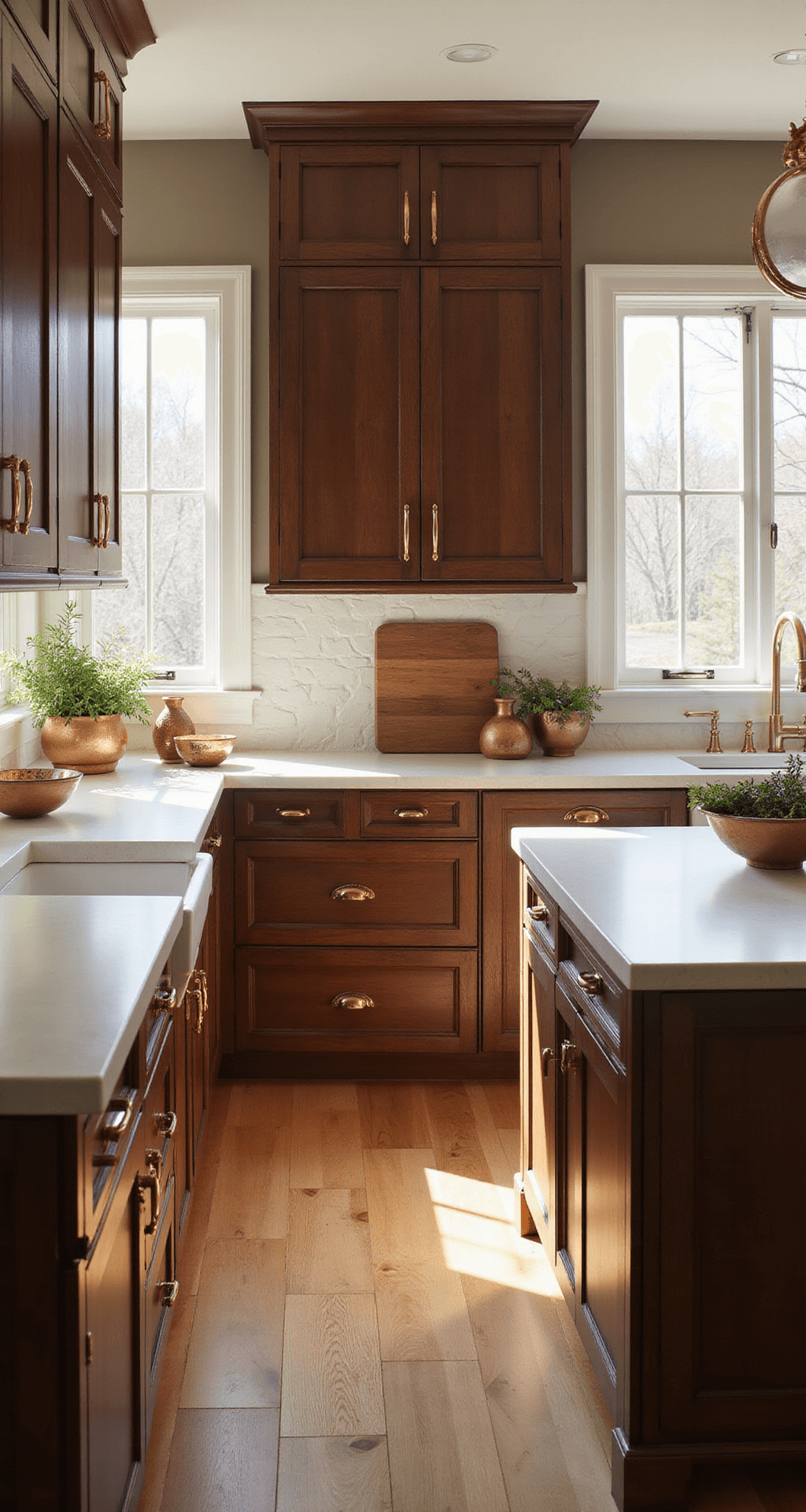 A spacious 12x15ft kitchen filled with warm morning light, featuring walnut brown shaker-style cabinets, white quartz countertops, and a waterfall edge island. Brushed gold hardware accents the design, with artisanal ceramic bowls, a wooden cutting board, and fresh herbs in copper planters adding style. The shot is taken from a low corner angle, showcasing the cabinet height and natural light reflections.