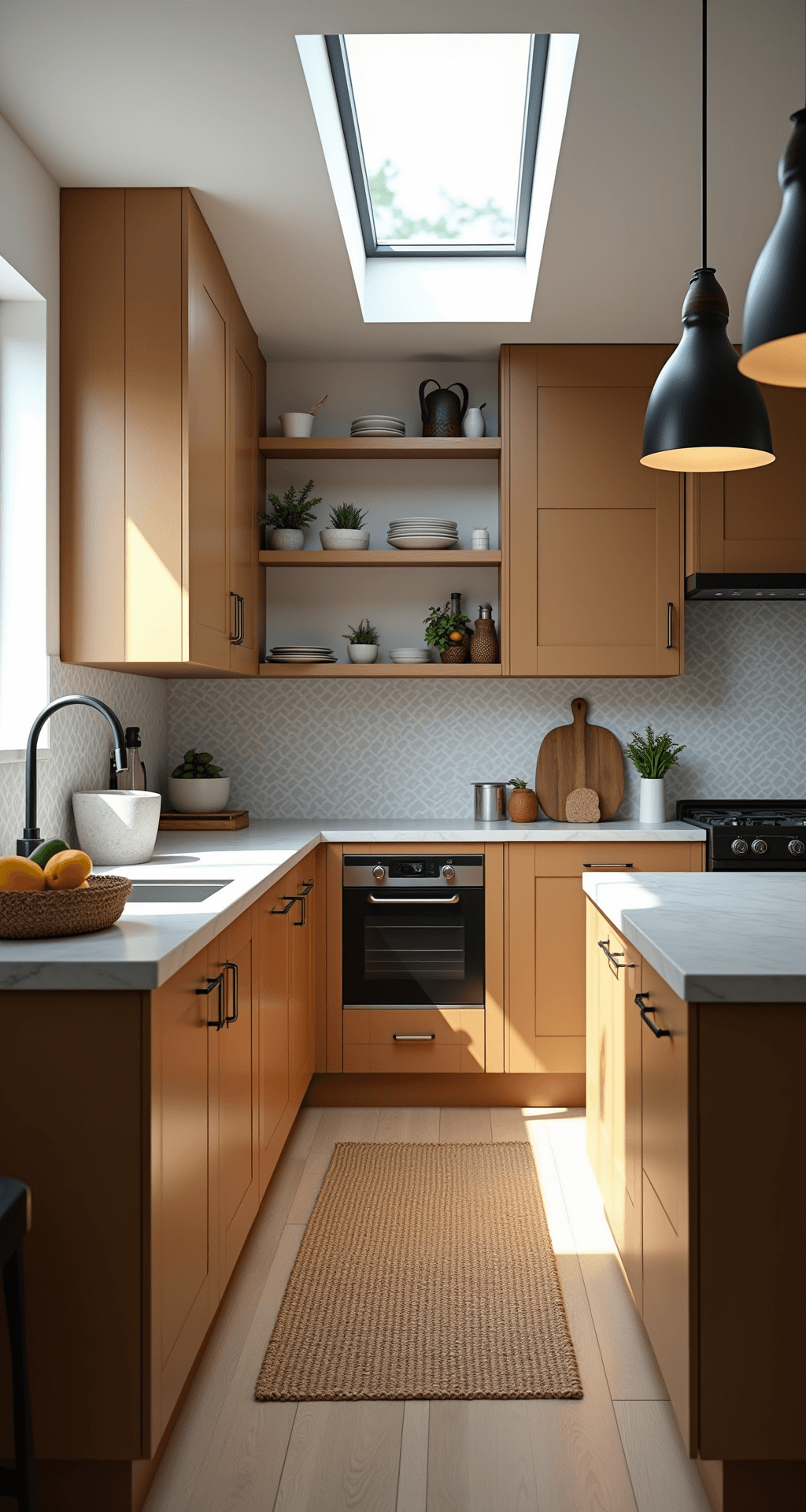A mid-afternoon kitchen scene featuring honey brown cabinets in a galley layout, with matte black pulls and a dramatic skylight casting natural shadows. The light gray hexagonal tile backsplash complements the space, while a woven fruit basket, marble mortar and pestle, and minimal white ceramics add styling. Textures include a jute runner, wooden floating shelves, and geometric pendant lights, all captured from the entrance in a 35mm perspective.