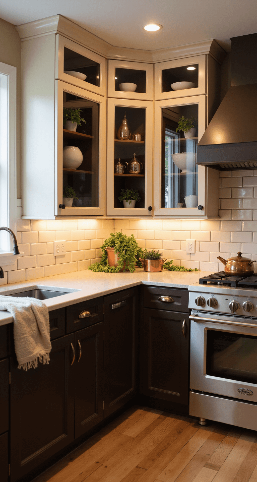 Corner view of an L-shaped kitchen featuring two-tone espresso brown and cream cabinets, a cream subway tile backsplash, and under-cabinet lighting. The space includes vintage copper pots, white ceramics, and trailing plants, with warm golden hour lighting highlighting the metallic accents.