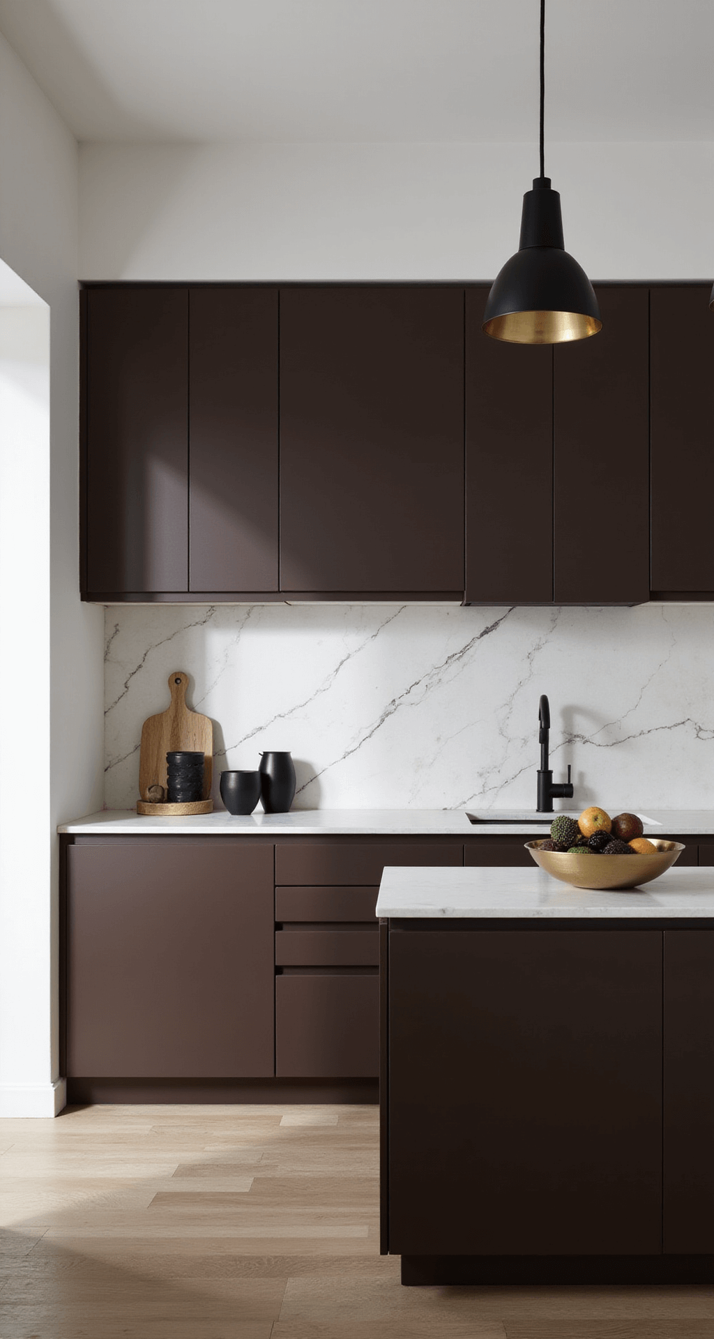 Intimate kitchen scene showcasing chocolate brown slab-front cabinets against white walls, dramatic pendant lights illuminating geometric patterns from above the island, a veined marble backsplash, black stoneware collection, minimal brass objects, and an architectural fruit bowl, featuring smooth cabinet faces, brushed metal, and a palette of rich chocolate, warm whites, and matte black.