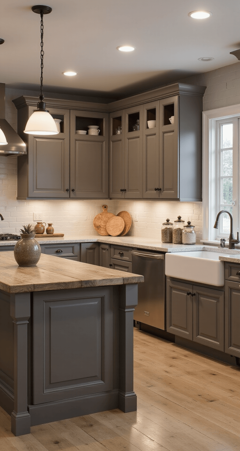 A cozy twilight kitchen featuring taupe brown cabinets, soft recessed lighting, and a weathered wood top center island. The 14x16ft space showcases white oak flooring, vintage bread board and pottery collections, and glass canisters with a mix of textured elements. The color palette includes soft taupe, cream, and natural wood, all captured at eye level.