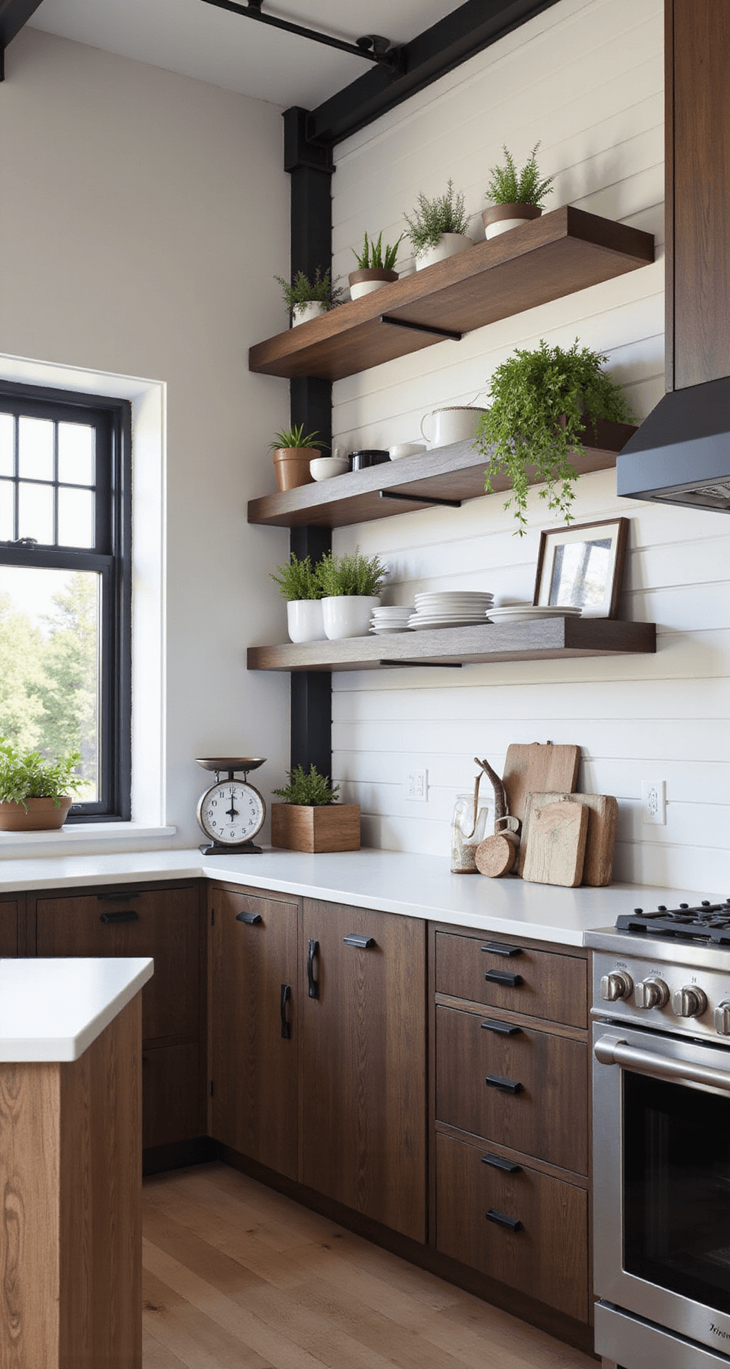 A modern farmhouse kitchen featuring dark walnut lower cabinets and white open shelving, highlighted by early morning light. The space includes a shiplap accent wall, black steel-framed windows, and a mix of textures such as smooth wood and sleek steel. Decor elements consist of an ironstone collection, vintage scales, and potted herbs, all set against a backdrop of deep walnut, bright white, and matte black.