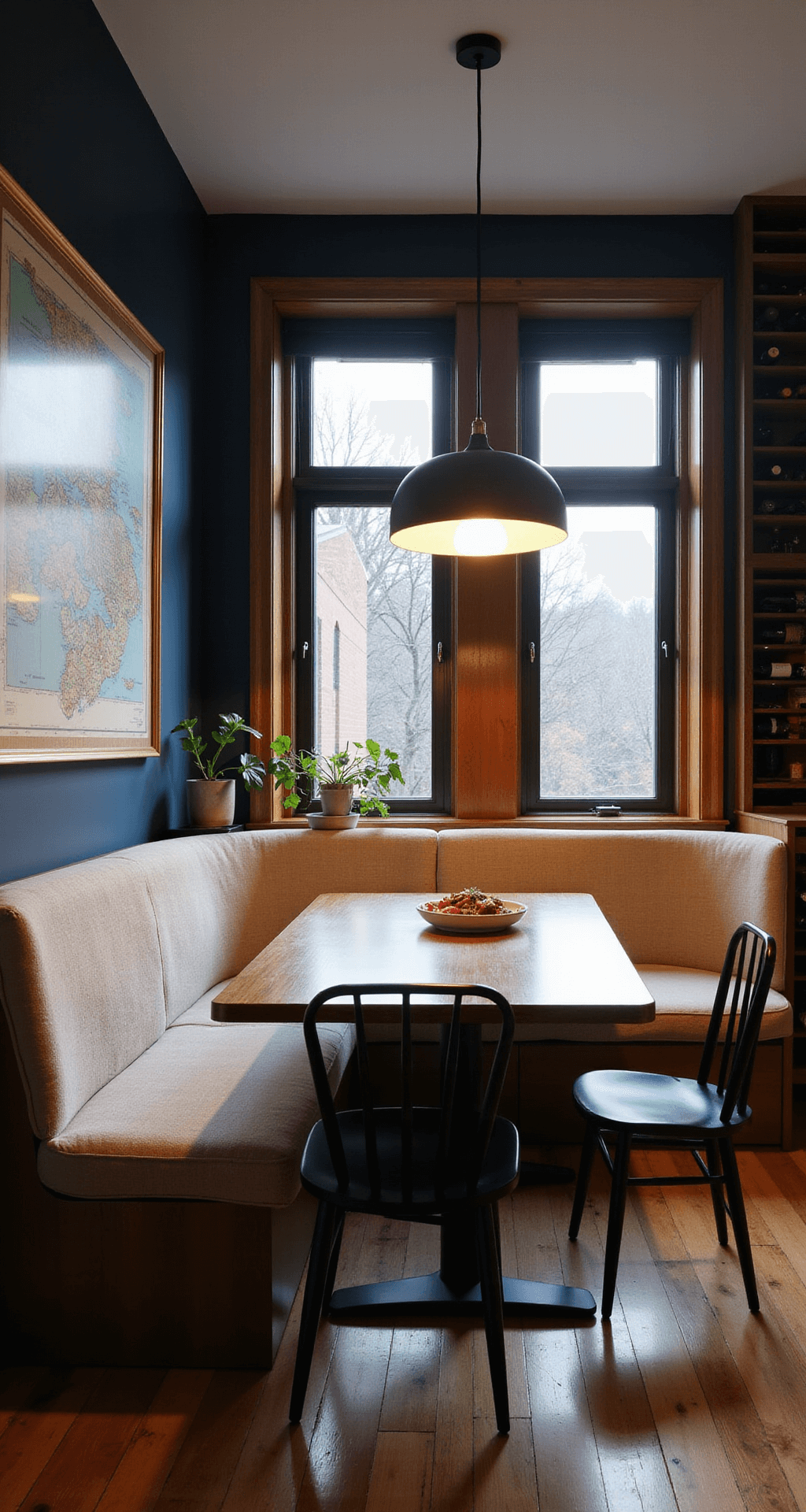 Aerial view of a multi-functional dining space featuring a convertible dining table with warm pendant light pools, bench seating with hidden storage along linen-dressed windows, matte black Windsor chairs, and wall-mounted wine storage as art. The space is styled with vintage maps, botanical arrangements, and features deep navy, warm wood, and brass accents.
