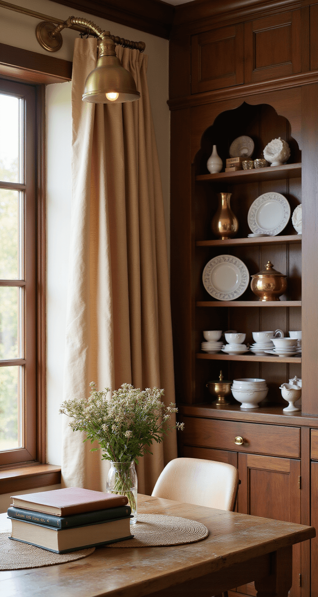 A cozy breakfast nook with floor-to-ceiling beadboard cabinets in warm brown, illuminated by brass library lights and golden afternoon light filtering through café curtains. The dining table perspective reveals open shelving styled with cookbooks, vintage copper molds, and white ironstone, highlighting textures of woven textiles and aged copper.