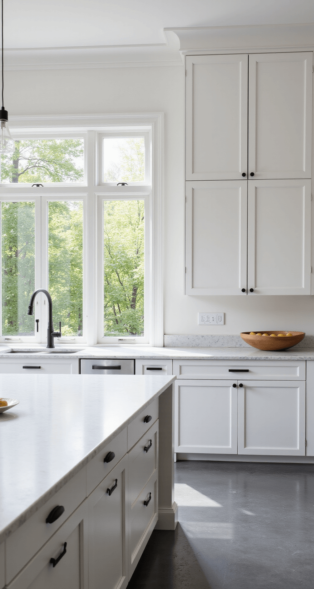 A modern minimalist kitchen with white shaker cabinets, matte black hardware, and an oversized marble-look quartz island, illuminated by morning light through floor-to-ceiling windows. The 12x15' space features warm white walls, gray porcelain flooring, and clutter-free counters with a single architectural fruit bowl.