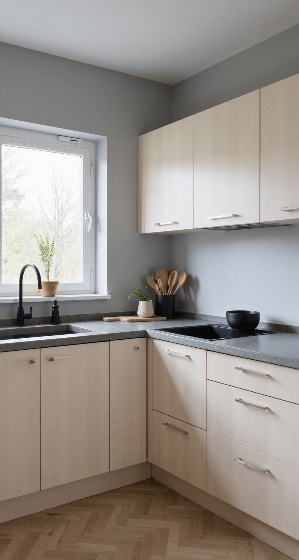 Scandinavian-inspired kitchen featuring birch plywood cabinets, concrete countertops, and pale gray walls, illuminated by diffused afternoon light, with minimal styling including black ceramics and pale wooden tools.