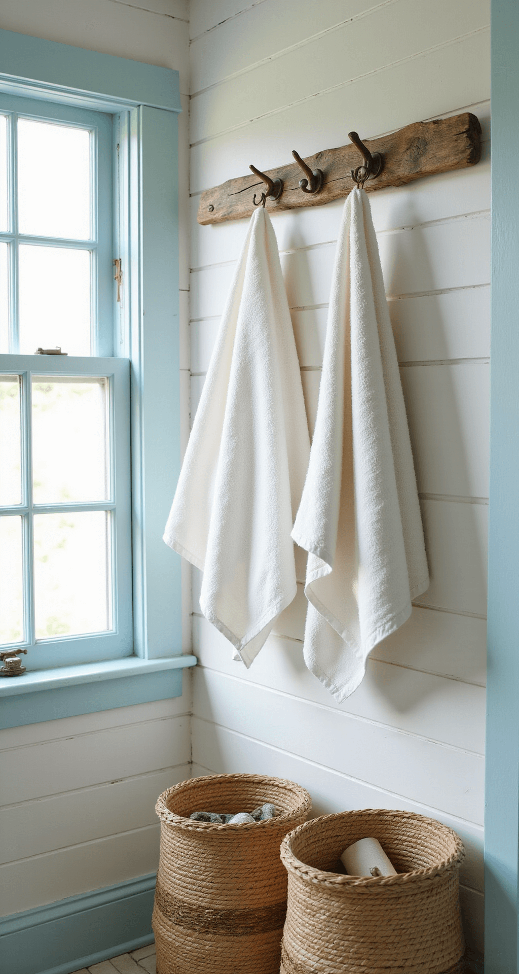 A coastal bathroom with whitewashed shiplap walls, a driftwood towel rack, and brass hooks with white towels, bathed in morning light streaming through a frosted window. Pale aqua walls and seagrass baskets below.
