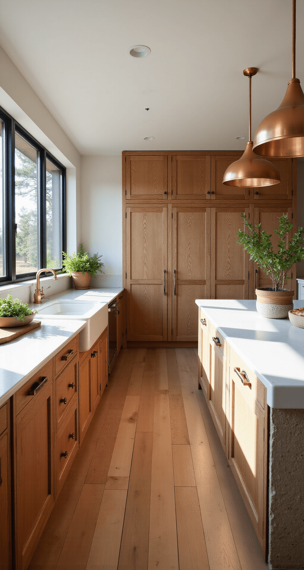 A warm and inviting modern farmhouse kitchen featuring honey oak cabinets, white quartz countertops, a large weathered wood island, and copper pendant lights, with artisanal ceramic bowls and fresh herbs adding a lived-in luxury feel.