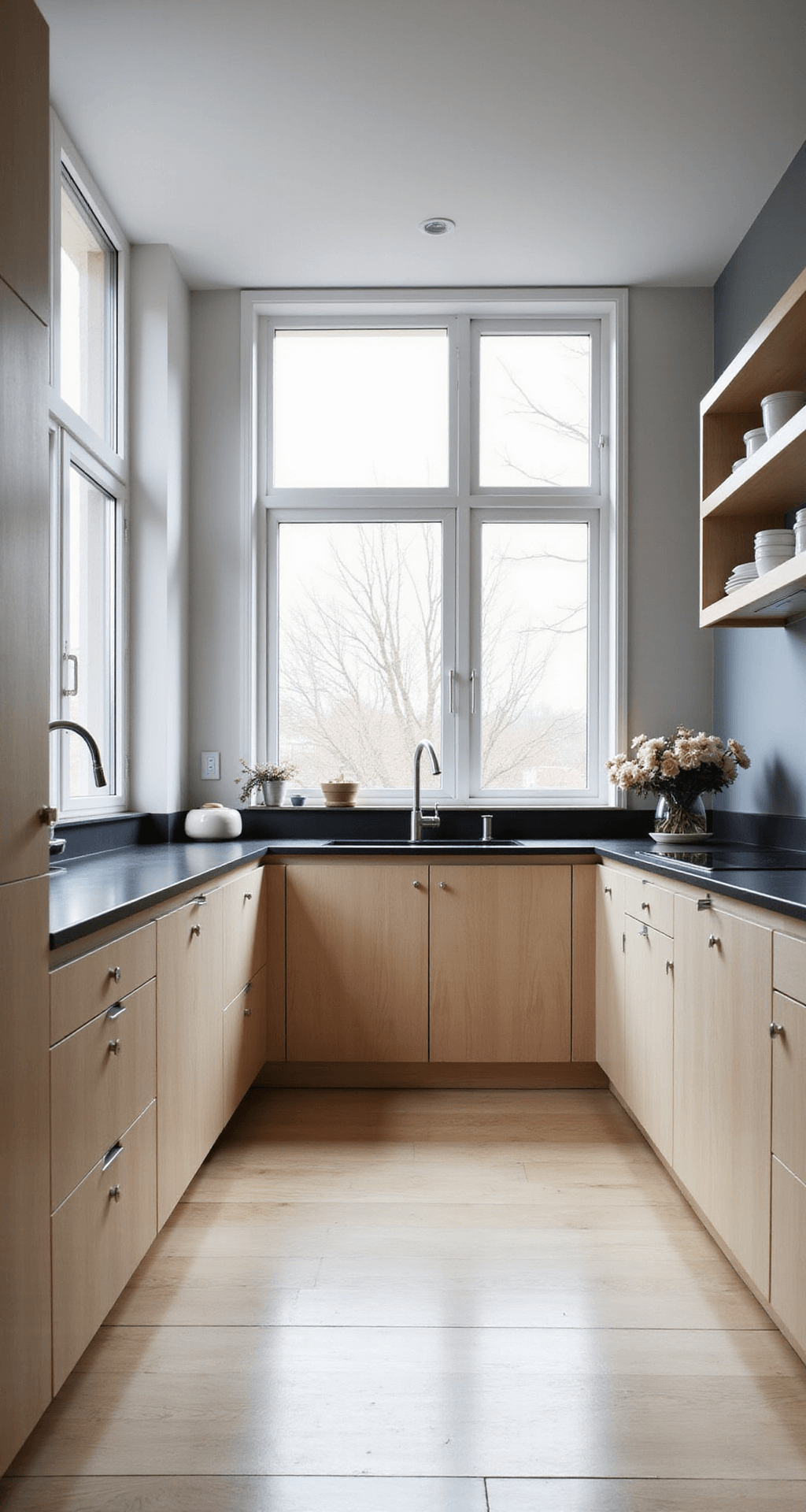 A serene Scandinavian kitchen featuring pale maple cabinets with handleless designs, matte black countertops, and white oak flooring, illuminated by morning light through floor-to-ceiling windows. Floating shelves display white ceramics, emphasizing the uncluttered and sophisticated aesthetic.