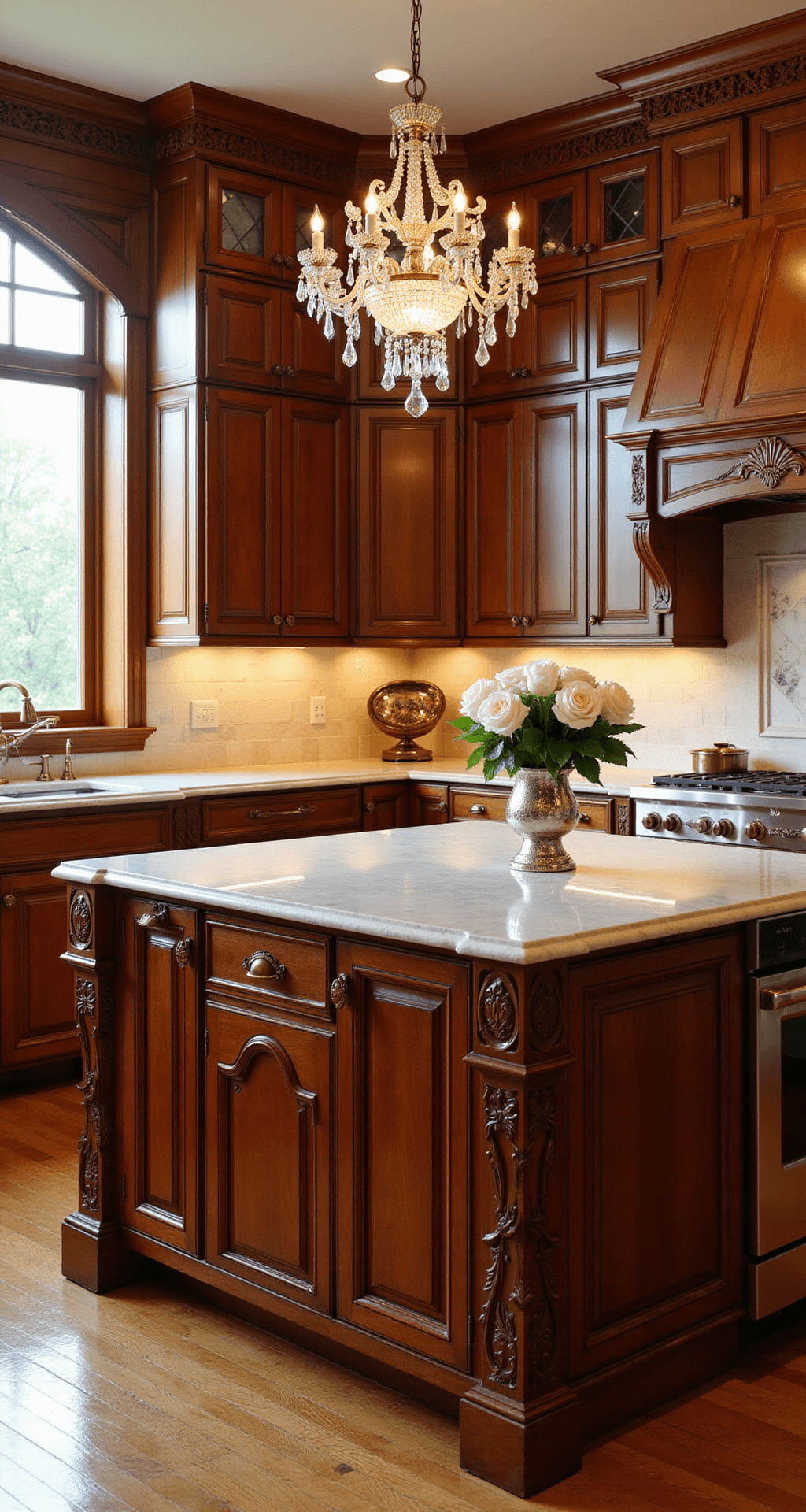 Elegant traditional kitchen with floor-to-ceiling cherry cabinets, marble countertops, and brass hardware, illuminated by warm golden hour light and a sparkling crystal chandelier, featuring a silver vase of fresh white roses.