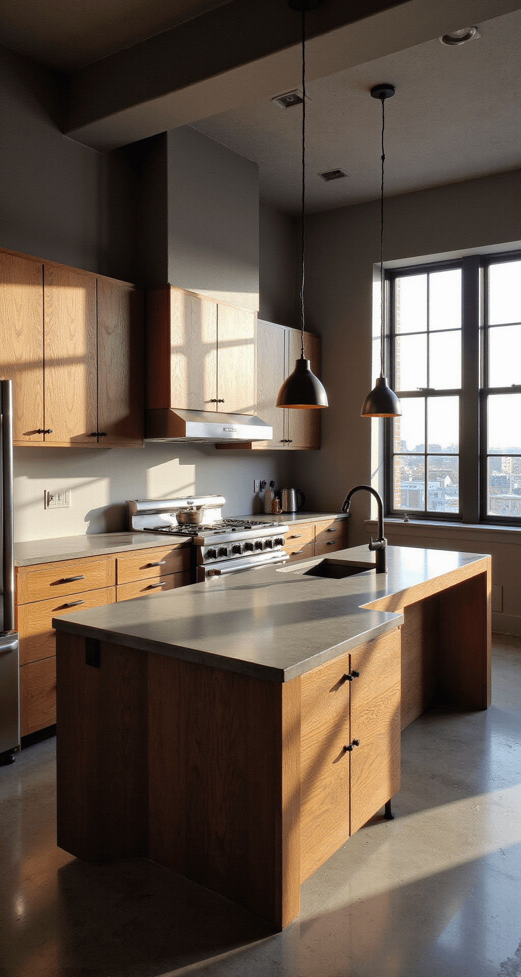 An aerial view of a modern industrial kitchen featuring walnut cabinets with matte black hardware, concrete countertops, and stainless steel appliances, illuminated by natural late morning light and sleek metal pendant lights, showcasing a sophisticated urban atmosphere with an edgy aesthetic.