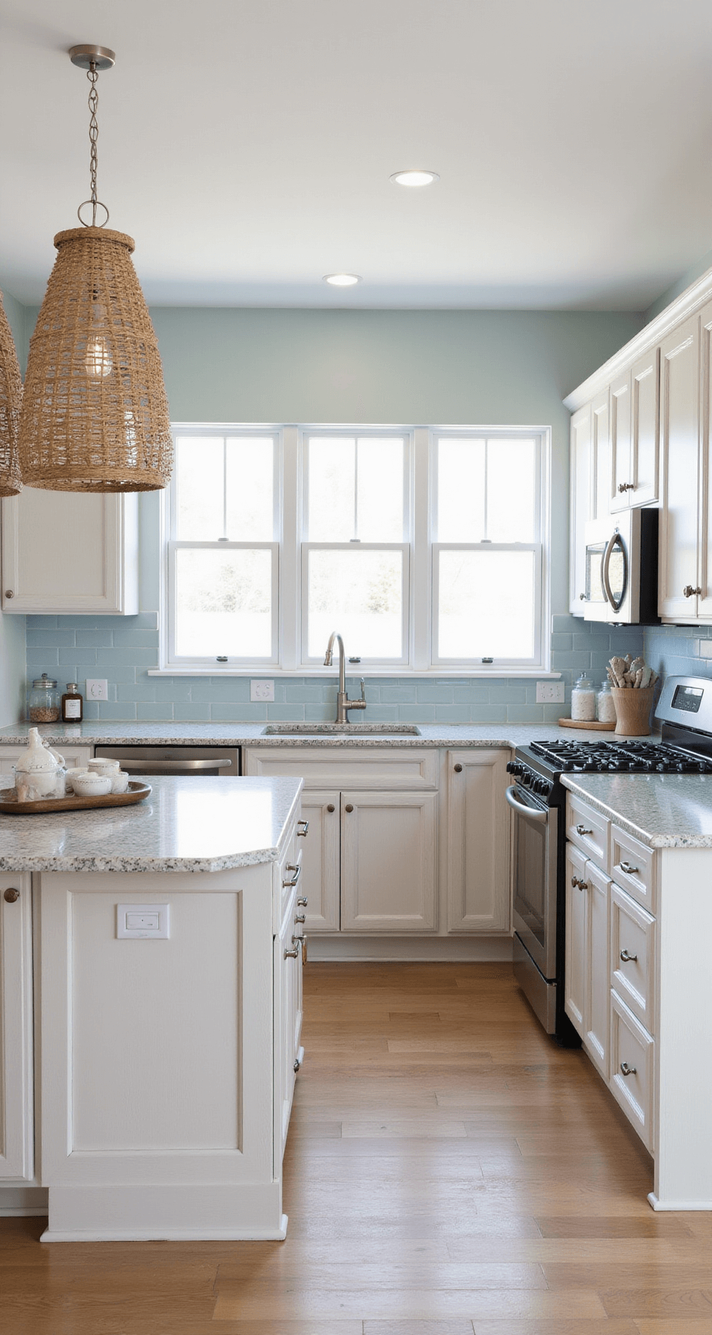 Bright, airy coastal kitchen with whitewashed oak cabinets, pale blue glass tile backsplash, and honed granite countertops. Woven pendant lights and beach-themed decor add a relaxed, fresh vibe.