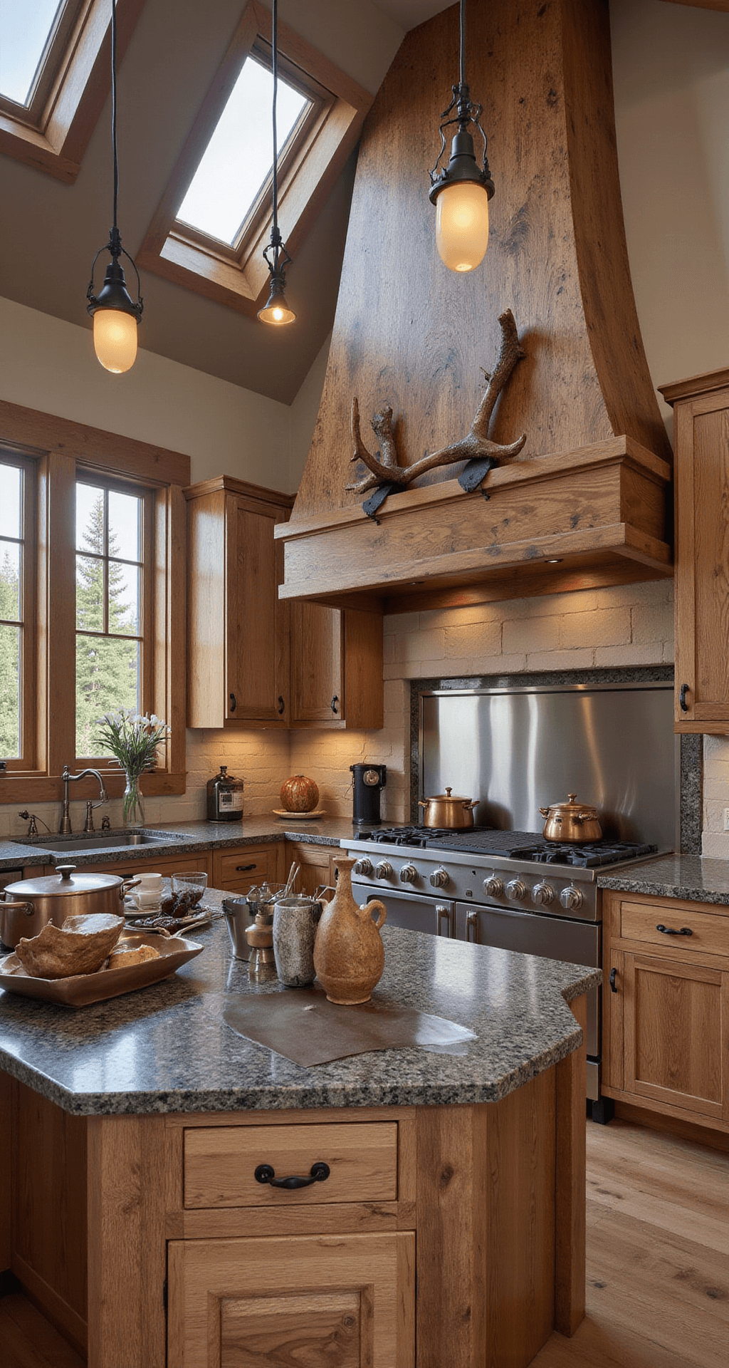 A cozy rustic mountain kitchen features knotty alder cabinets, leather-finish granite countertops, and iron pendant lights, with dawn light filtering through skylights and dramatic uplighting enhancing the organic textures.