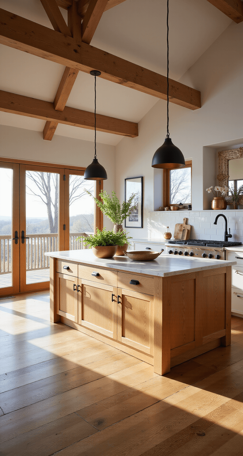 A warm and inviting modern farmhouse kitchen at golden hour, featuring a 6ft white oak island, exposed wooden beams, honey-toned oak cabinets, marble countertops, and natural light streaming through floor-to-ceiling windows. Decorated with copper pots, woven baskets, and fresh herbs, captured from the corner entrance for depth.