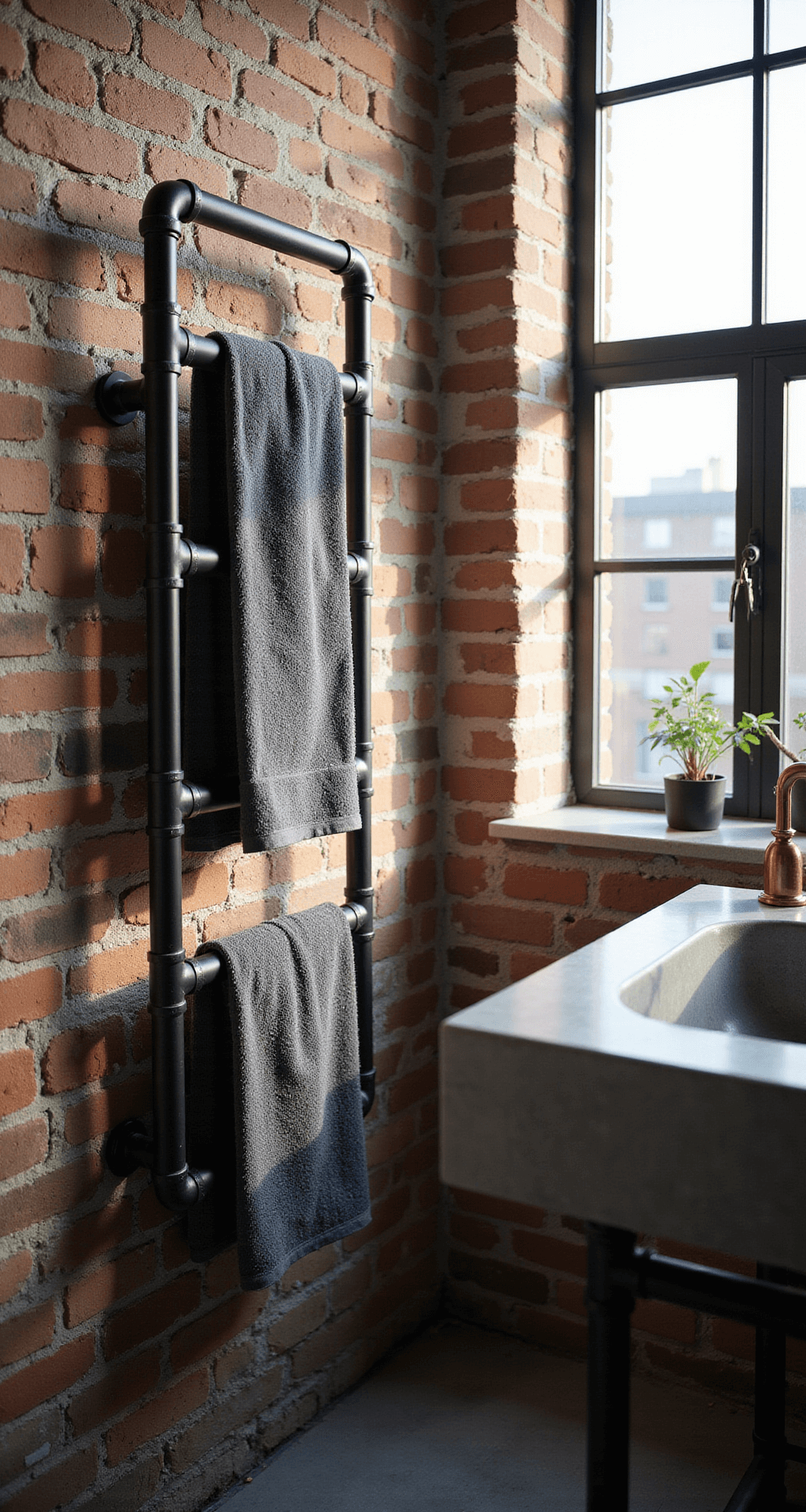 A modern industrial bathroom with a matte black pipe towel rack on an exposed brick wall, afternoon light casting geometric shadows through a factory-style window, and grey Turkish towels hanging at varied lengths; copper accents and a concrete vanity add texture, captured from a corner position with dramatic side lighting.