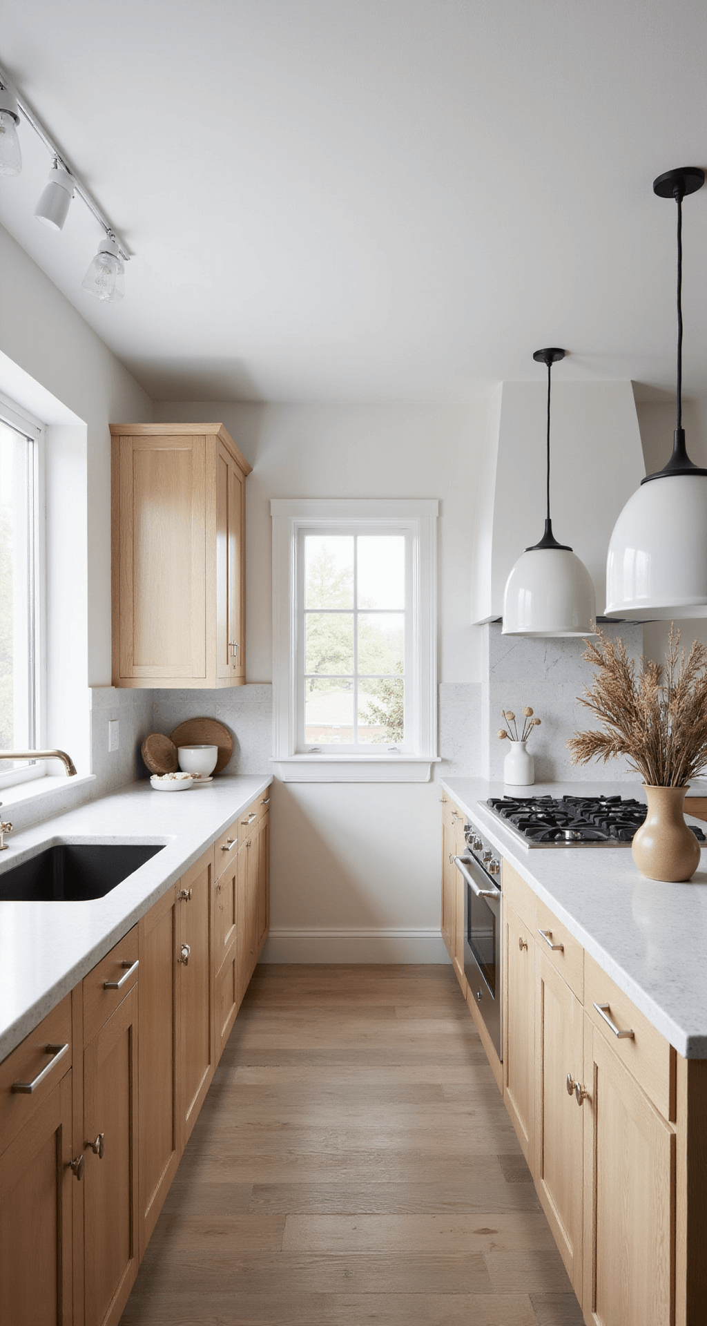 Spacious Scandinavian-inspired kitchen with blonde maple cabinets, white walls, and an 8ft island, illuminated by early morning light and featuring minimalist decor and soft textures.