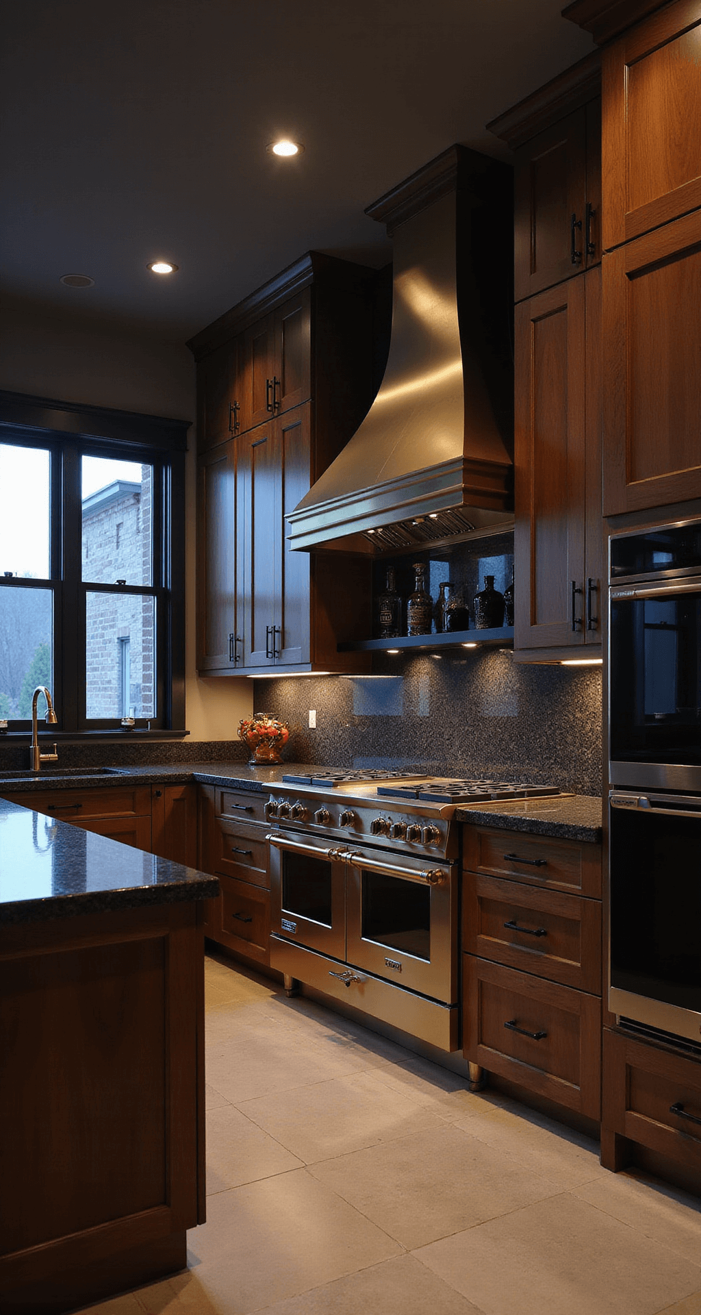 Luxurious modern kitchen with rich walnut cabinets, brass hardware, and dark granite countertops, featuring a statement brass hood over a 6-burner range. Moodily lit at dusk with backlit floating shelves and under-cabinet lighting, styled with black ceramics and crystal decanters, captured from a low camera angle.