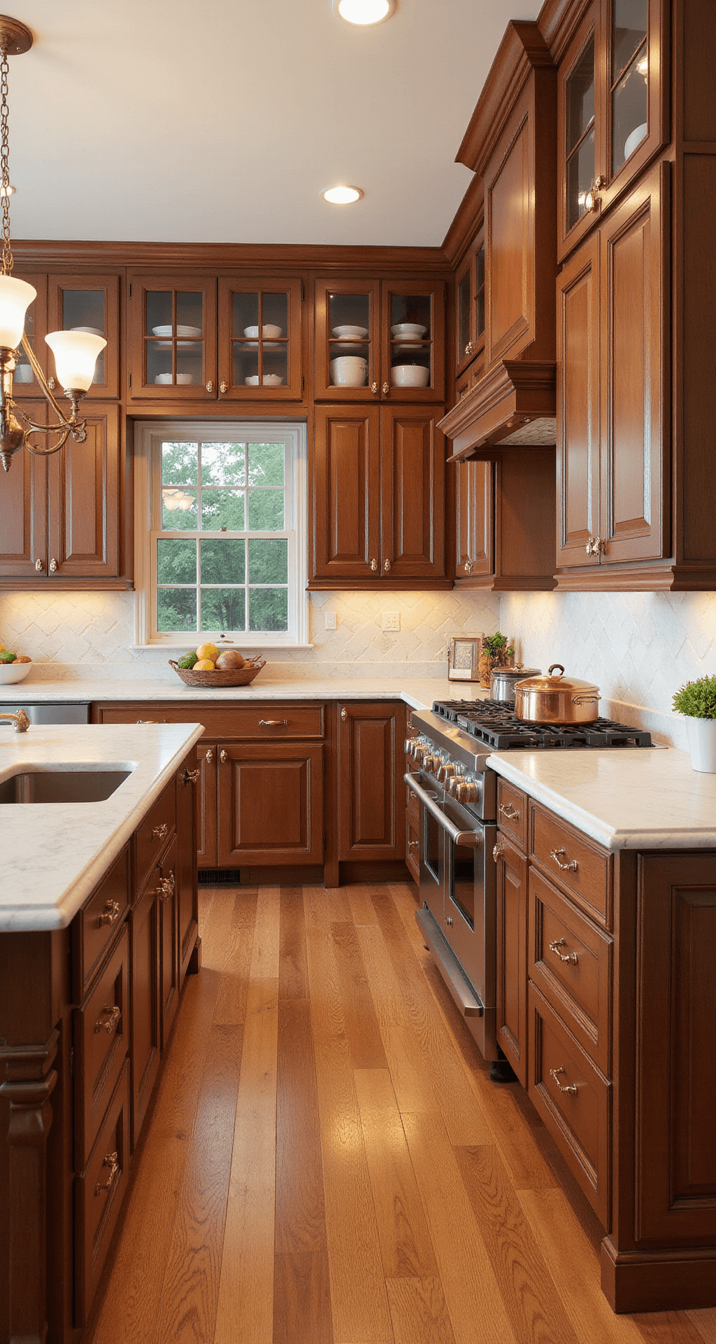 A classic kitchen featuring cherry wood cabinets with crown molding, cream marble countertops, and a herringbone tile backsplash, illuminated by mid-morning light. The space includes a chandelier over the island, antique brass hardware, and is styled with copper cookware and white porcelain, creating a timeless and elegant atmosphere.