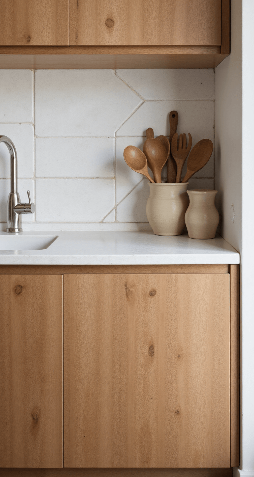 Close-up of a cozy kitchen nook featuring birch cabinets with visible grain patterns and a matte finish, mixed metal hardware in chrome and brass, white stone counters, and a geometric tile backsplash, beautifully styled with earthenware pottery and wooden utensils, illuminated by warm afternoon light to highlight texture details.