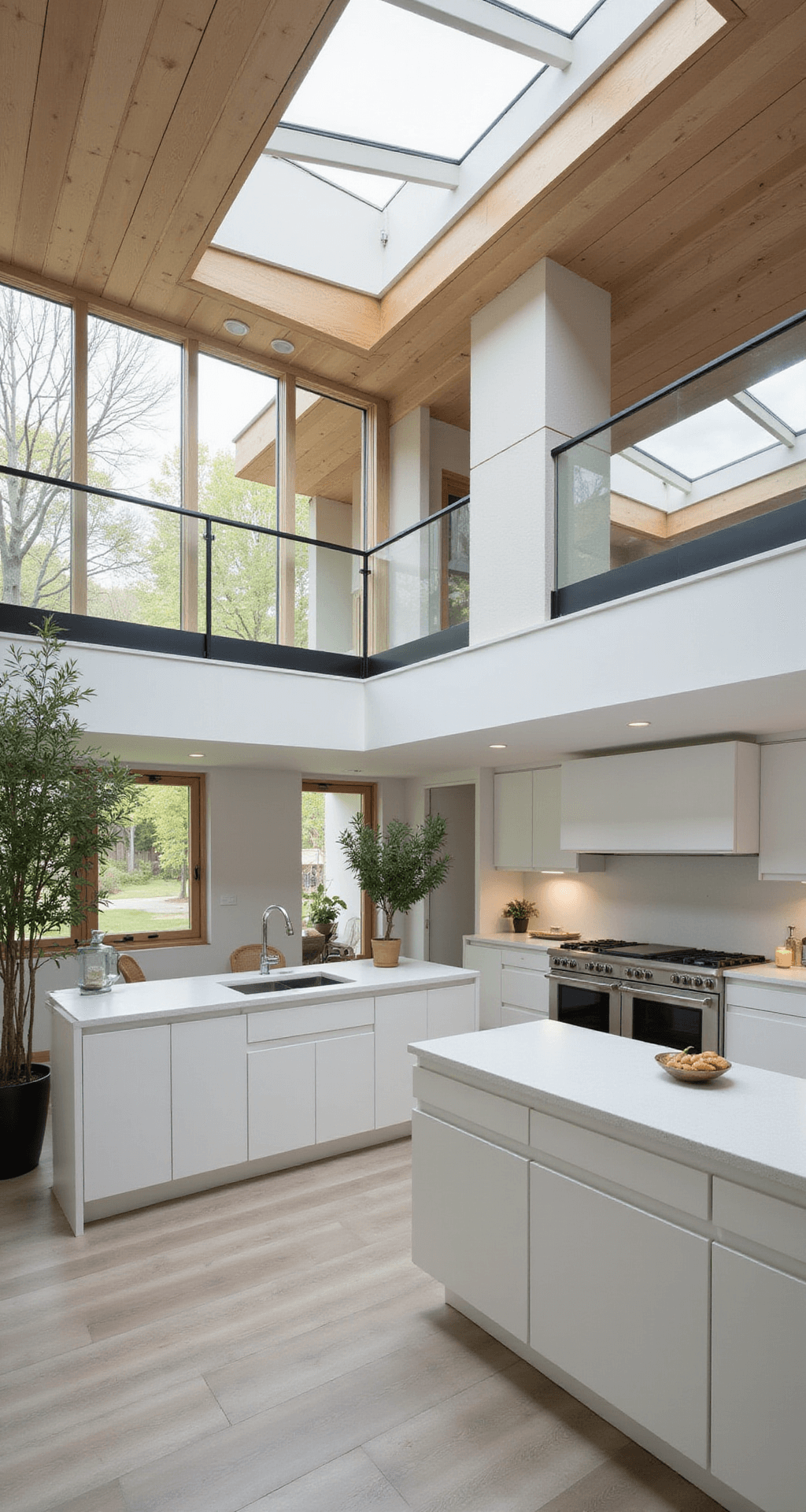 A spacious open-concept kitchen featuring white oak cabinets that reach 14ft ceilings, with double islands and steel appliances, illuminated by morning light from clerestory windows and skylights, accented with minimalist decor and potted olive trees, viewed from a mezzanine level.