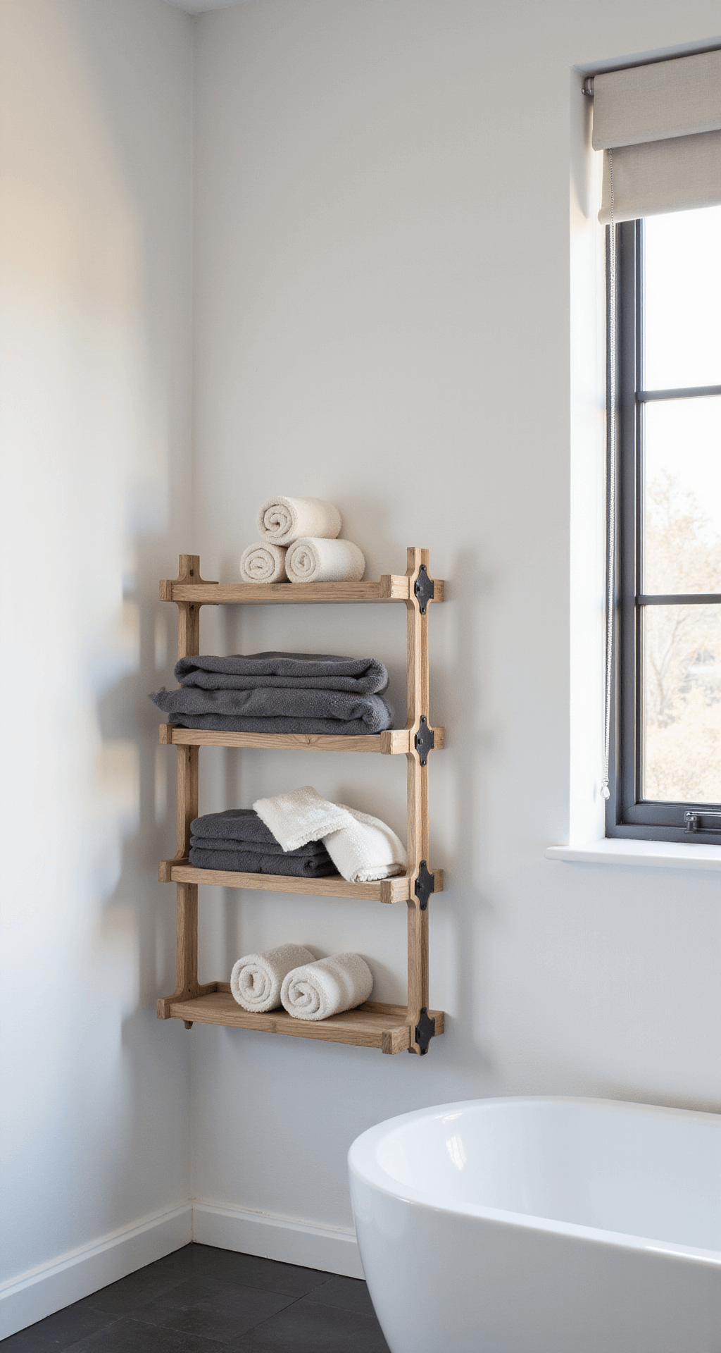Minimalist Scandinavian bathroom with floating blonde oak towel rack, black leather straps, translucent roller blind, crisp white walls, and charcoal and cream linens. Center-weighted composition with soft, diffused lighting.